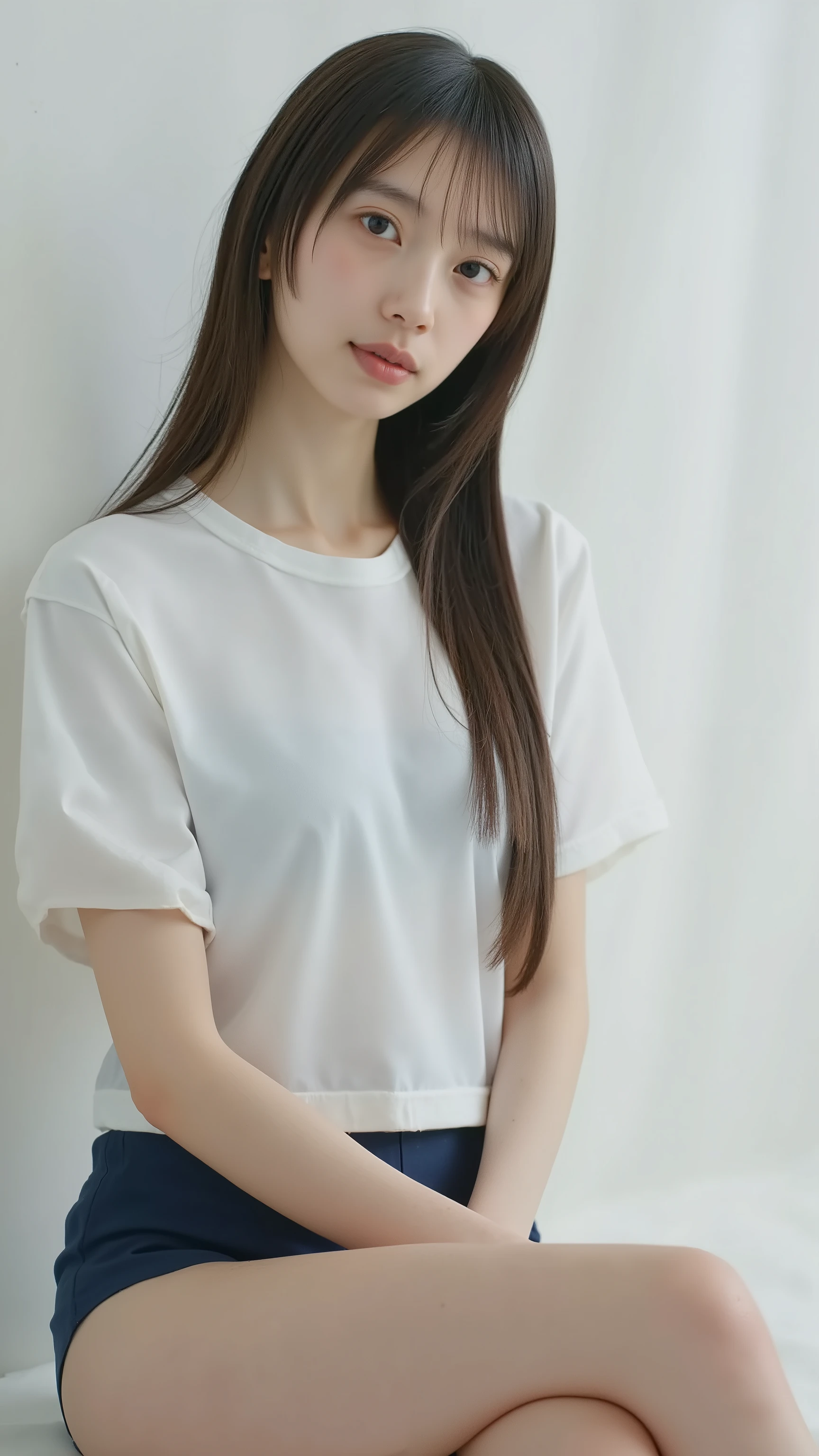 16k, best image quality, highest resolution, top quality, surrealism, masterpiece, High Details , Textured skin - Multiple awards, RAW, f/1.2, Nikon, Fujifilm, movie light effect, Like a scene from a movie, Woman sitting on floor, Sitting sideways, sitting facing the front, Put your hands on the side of your , 1 person, Perfect beauty, university student, 22 years old, wearing a short-sleeved shirt , wearing a long skirt , in the bright gym:1.5, is wearing pumps, Smile , Small face, attractive lips , perfect double eyelids, light brown hair, shiny hair, Straight Hair, Delicate hair, Cross bangs, model body type, In a bright room, Viewers looking from the front , anatomically correct body, Full body portrait,