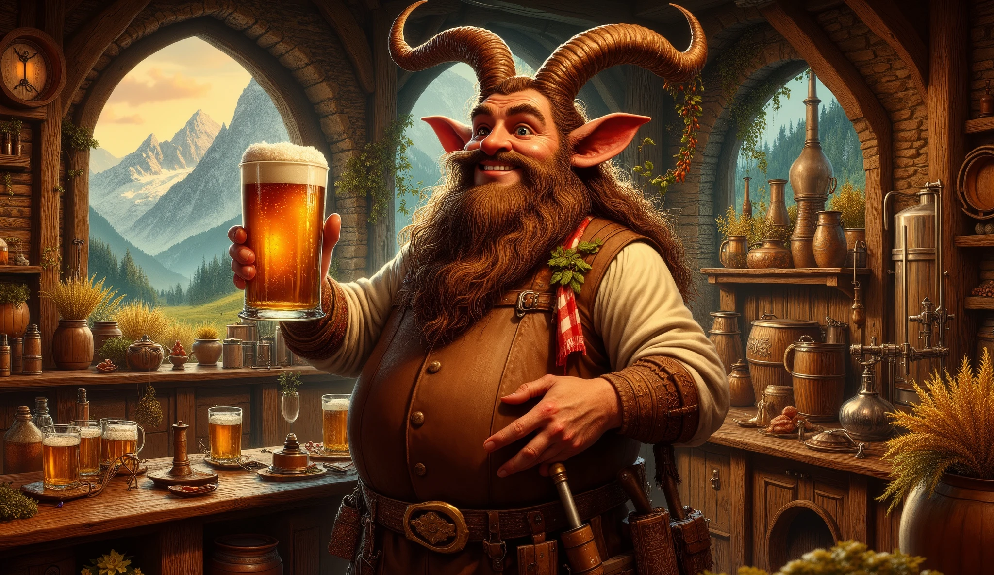 Cozy panorama at 16:9 from a plump and smiling faun master brewer in his mountain brewery. His sturdy and inviting figure wears a well-kept brown leather apron with pockets filled with beer tools and a handkerchief red and white plaid on the neck. His coat is golden-brown like ripe barley, and their curved horns are decorated with small garlands of fresh hops. With a wide and sincere smile, erect a traditional glass Masskrug overflowing with golden amber beer, that oozes through his thick, well-groomed beard, dripping happily on his prominent belly. The surrounding Alpine brewery is bathed in the golden light of the late afternoon that comes through large arched windows, revealing a verdant valley and snowy mountains in the background. Golden barley fields dance in the wind next to the brewery, as hop creepers grow gracefully through wooden trellises,. Oak barrels are piled neatly on the stone walls, and a comforting scent of malt emerges from the polished copper tanks