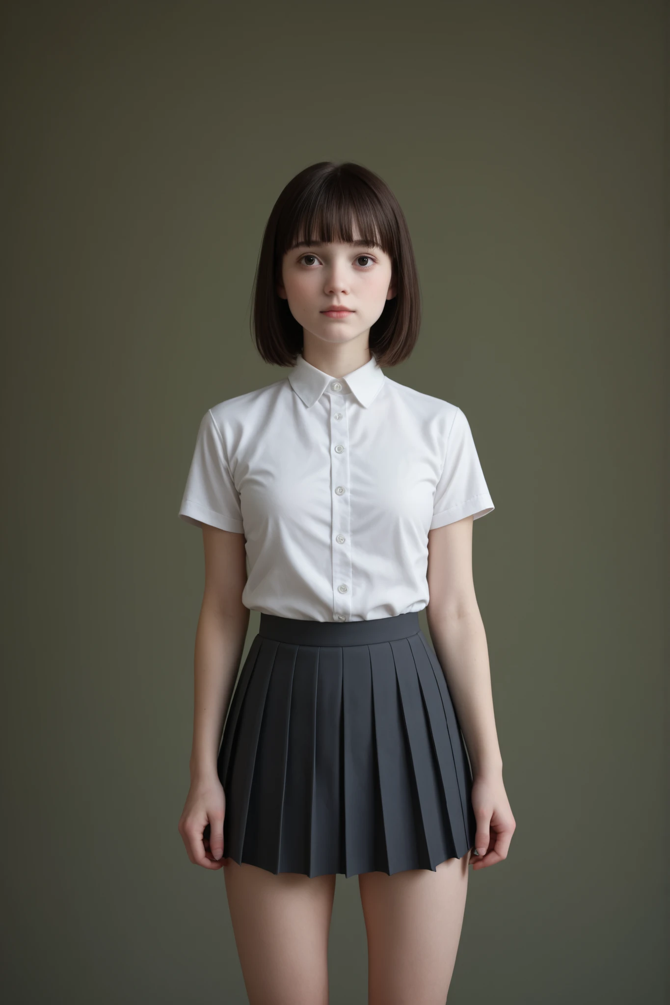 A young girl standing in front of a white background, studio photoshoot, in perfect lighting, frontal portrait, 3/4 shot, centered framing, neutral background, minimalism.
(Chin length hair:1.5), short hair, dark hair, (straight hair:1.4), perfect hair, shinny hair, thin hair, (bangs with a middle part:1.5).
Large eyes, beautiful eyes, brown eyes, expressive eyes, thick eyebrows, delicate facial features, symmetrical face, (teenager face:1.4), (cute face:1.4).
(Pale white skin:1.5), smooth skin, perfect skin.
(Attractive body:1.3), medium sized breasts, slender waist, round hips, sexy legs.
Wearing a preppy outfit, white short sleeve uniform shirt, slim fit formal women's shirt, shirt with white buttons, grey pleated school skirt, circular pleated school skirt.
UHD, highres, 16k, best quality, high details, anatomically correct, accurate, masterpiece.