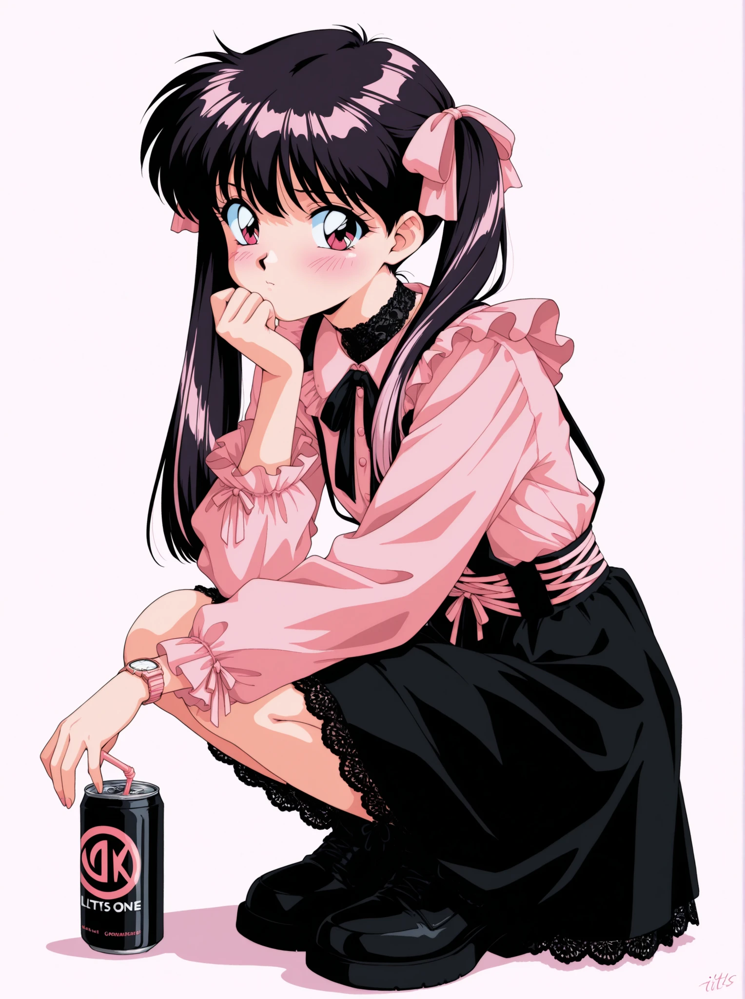 (Watercolor:0.4),(pastel color holding a banana:0.4),1girl,1990s anime style, dark hair with light pink highlights, Long Twin Tails,squat,blush,tilts one's neck,Pink Frilled Blouses, Black Suspender Skirt, ribbon, Black Lace Details, pink and black color scheme, cute japanese fashion ,white simple background,Watch Viewers, Can Drink with Straws  ,Holding a Can,full body
,masterpiece,Highest Quality,great quality,