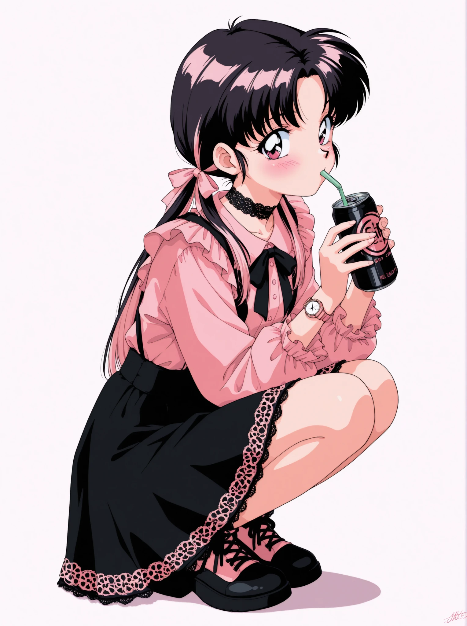 (Watercolor:0.4),(pastel color holding a banana:0.4),1girl,1990s anime style, dark hair with light pink highlights, Long Twin Tails,squat,blush,tilts one's neck,Pink Frilled Blouses, Black Suspender Skirt, ribbon, Black Lace Details, pink and black color scheme, cute japanese fashion ,white simple background,Watch Viewers, Can Drink with Straws ,Holding a Can,full body
,masterpiece,Highest Quality,great quality,