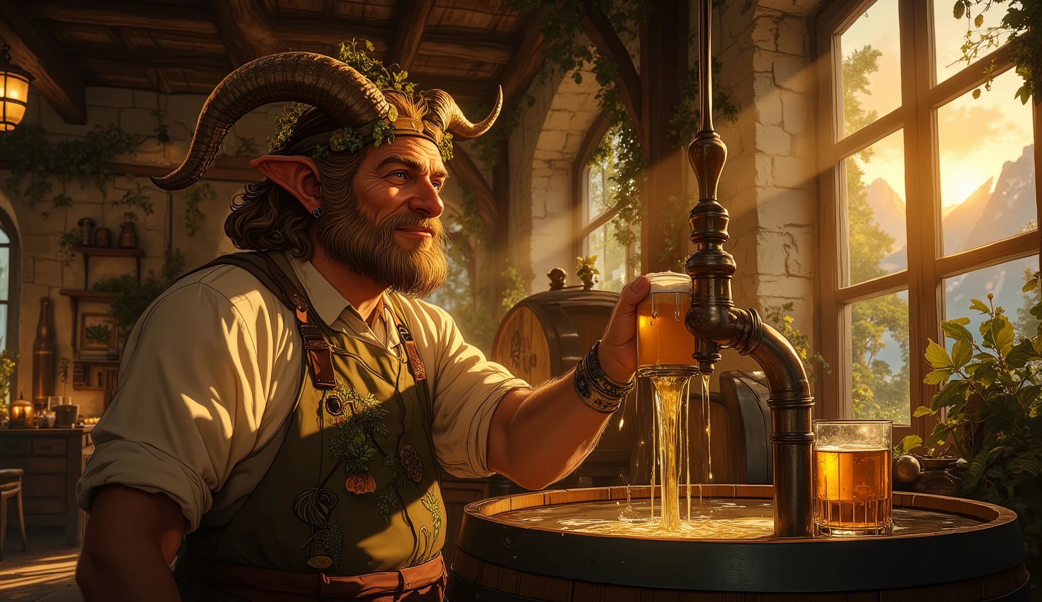panoramic composition in 16:9 showing the brewing faun in his element, serving beer directly from an oak barrel. Your fatherly and welcoming figure is highlighted by the handmade apron with embroidered hops and barley emblems. Soft caramel-hued coat, happy and bright eyes, and a warm smile that makes your rosy cheeks stand out. Its horns are proportional and well maintained, decorated with traditional colored ribbons. Honey-colored beer flows down your chin as you taste it straight from the tap of the barrel, creating a moment of pure satisfaction. The brewery is built of wood and stone, with exposed beams decorated with clusters of dry hops. through the windows, you can see a sunset of Alpine sun painting the mountains rose and gold. Beams of light cross the environment, illuminating malt particles in the air like small stars