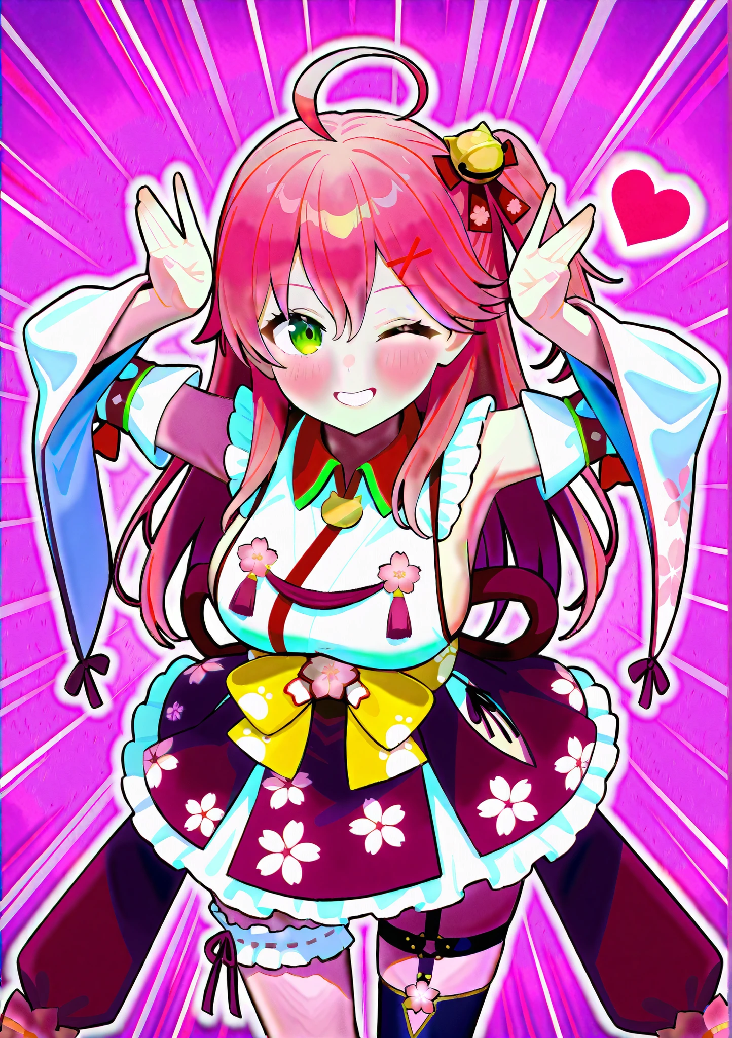 ,1girl, solo, Sakura Miko, (hololive, vtuber) , pink hair, ahoge, green eyes, hair bell, hair ornament, x hair ornament, hair bell,long hair, one side up, floral print, detached sleeves, cherry blossom print, sideboob, nontraditional miko, frills, single thighhigh, bridal garter,
open mouth,cute pose, heart sign, grin smile, wink,
detailed pupils,restless\),(pop symbols:1.3) (cute background), (comical), (funny, comedy),angled.
masterpiece, high score, great score, very aesthetic, high resolution, ultra-detailed, absurdres, newest, rating: safe, cowboy shot
