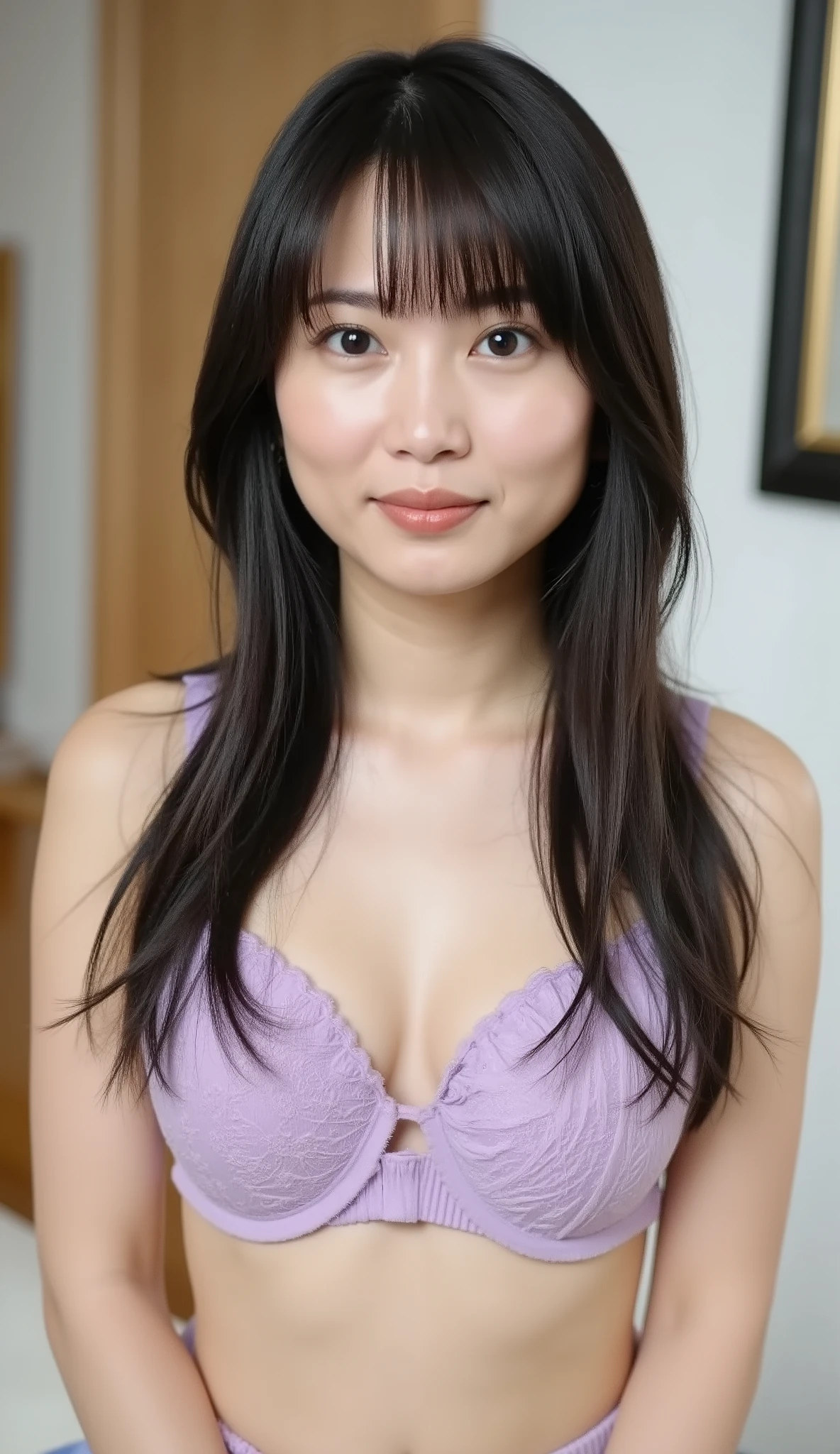 live-action、shot with a Canon EOS R5, 50mm lens, f/2.8 apertur、(masterpiece,best quality:1.4)、Highest Quality、ultra high res、8K、bright room、chair in the building on the edge、unhooking bra with both hands, arms behind back、unhooking front-clasp bra with both hands、strap gap、、front view、Full body photo、sitting in a chair、Basic bra、pleated trim、rose print、(poses that accentuate cleavage:1.5)、Smile Yan、black haired 、straight semi-long、shiny hair、have bangs、(slender style:1.3)、(huge breasts:1.5)、a different color bra every time I take a picture、zettai ryouiki、tight skirt、midi skirt