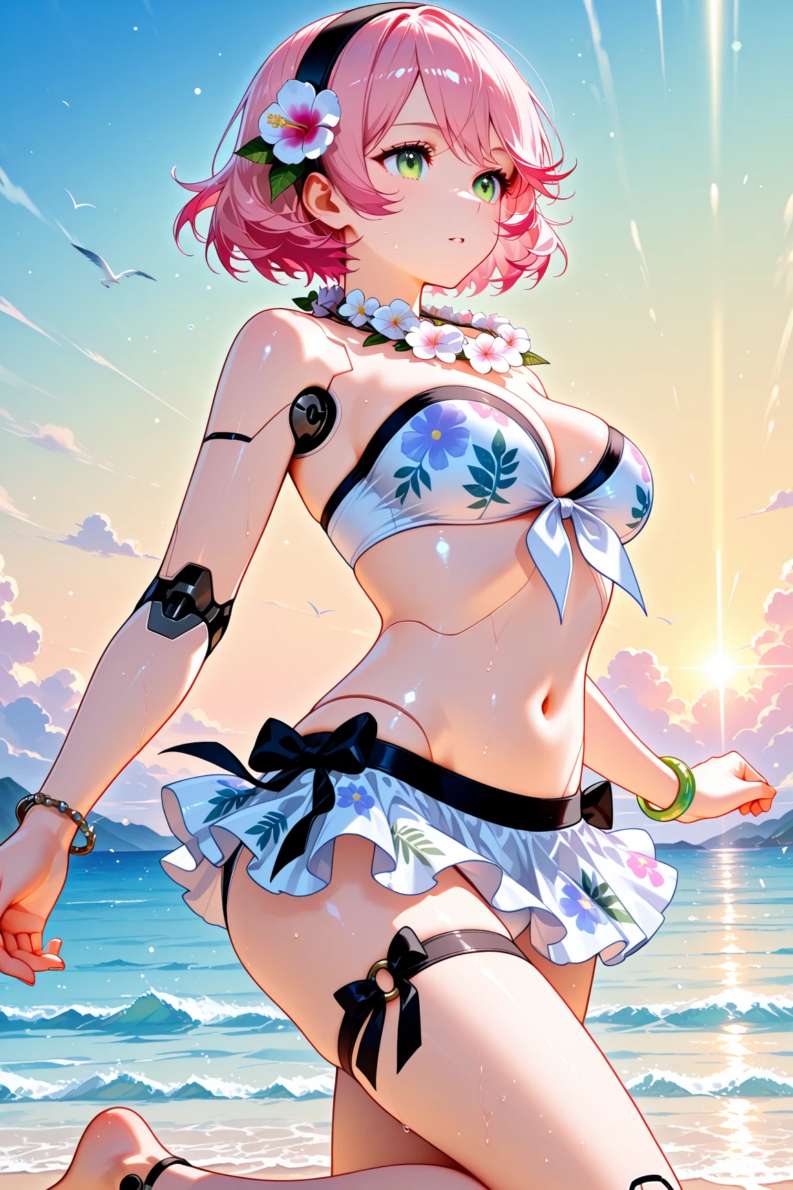 best quality, masterpiece, highres, solo, {yumemi_riamu_idolmastercinderellagirls:1.15}, pink_hair, multicolored_hair, two-tone_hair, bangs, blue_hair, pink_eyes, short_hair, ahoge, hair_intakes, blush, breasts, open_mouth, large_breasts, fang, heart, collarbone, jewelry, 1girl, bare_shoulders, bikini, day, flower, hair_flower, hair_ornament, looking_at_viewer, sky, swimsuit, blue_sky, cleavage, outdoors, blue_bikini, cloud, frills, choker, frilled_bikini, pink_choker, pink_flower, upper_body, nail_polish, navel