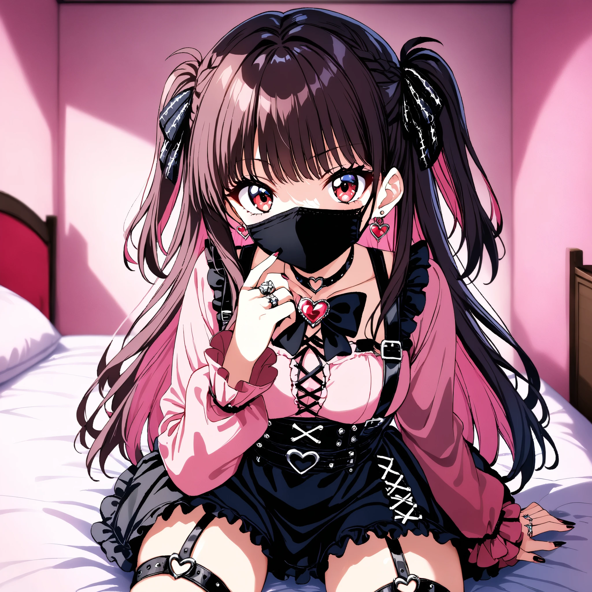 (score_9_, score_8_up, score_7_up, source_anime, 8k, masterpiece, Highest Quality, Super Detailed, is very delicate and beautiful, Official Style, depth of field, Very detailed, very aesthetic, complicated, Overall Details, perfect ), Watch Viewers, ((Faint Light:1.2)), , walliza, on bed, (Indoors, hotel room, love hotel, pink wall, Pink Bed Sheets), ( Box, wrapping paper ), (pink smartphone, ribbon strap ), BREAK 1girl, solo, (dark haired, pink hair, other rooms), long hair, two side up, dark haired bow, red eyes, jirai kei, (Cross Race Clothes , pink shirt, long sleeve, frillsed sleeves), frills, black bow tie that pushes out the bottom, black skirt, sblackuspendersheart brooch , heart earrings, ring, nail polish, PINK NAILS, Black nails, (mouth mask, black mouth mask), black belt, o-ring thigh strap, black choker, of