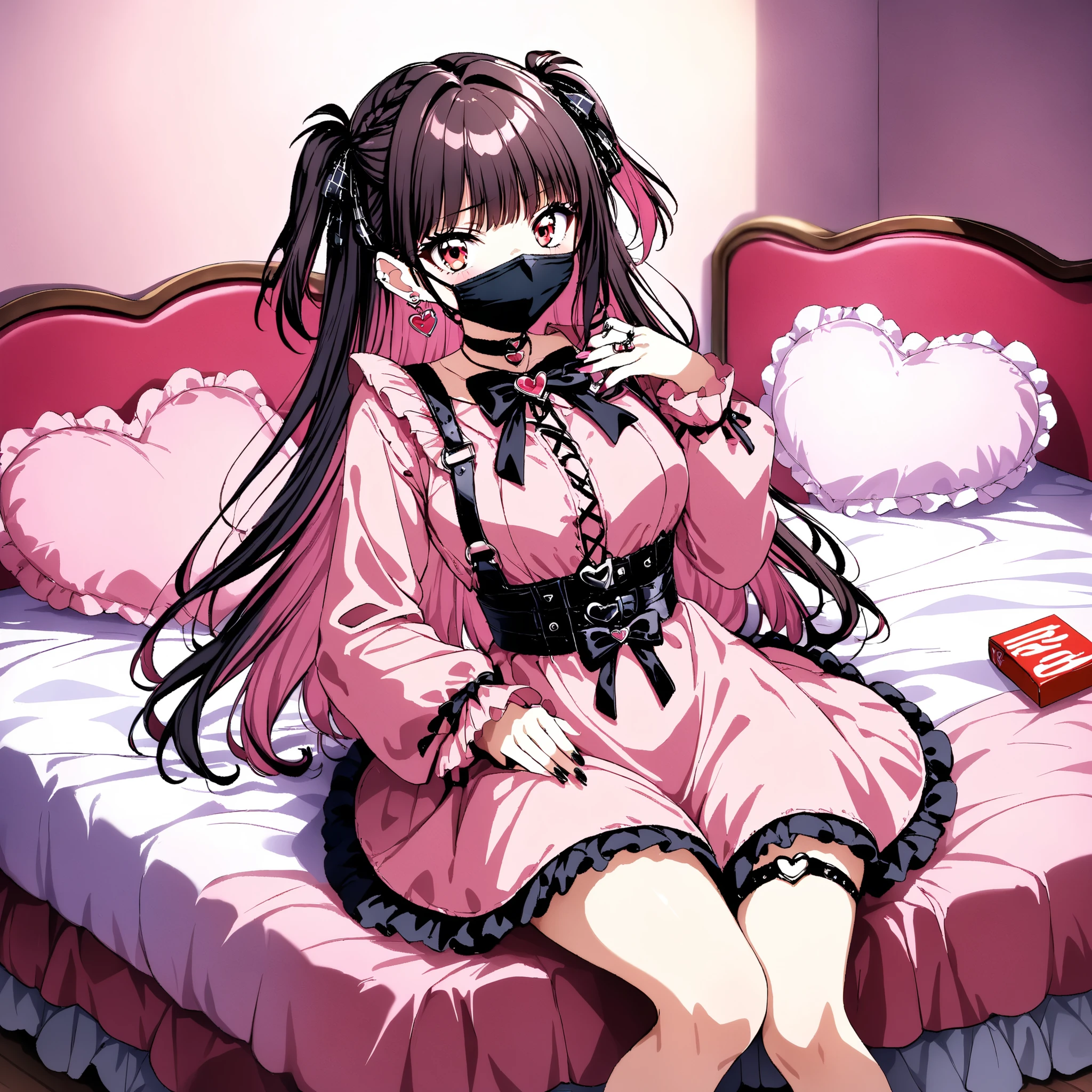 (score_9_, score_8_up, score_7_up, source_anime, 8k, masterpiece, Highest Quality, Super Detailed, is very delicate and beautiful, Official Style, depth of field, Very detailed, very aesthetic, complicated, Overall Details, perfect ), Watch Viewers, ((Faint Light:1.2)), , walliza, on bed, (Indoors, hotel room, love hotel, pink wall, Pink Bed Sheets), ( Box, wrapping paper ), (pink smartphone, ribbon strap ), BREAK 1girl, solo, (dark haired, pink hair, other rooms), long hair, two side up, dark haired bow, red eyes, jirai kei, (Cross Race Clothes , pink shirt, long sleeve, frillsed sleeves), frills, black bow tie that pushes out the bottom, black skirt, sblackuspendersheart brooch , heart earrings, ring, nail polish, PINK NAILS, Black nails, (mouth mask, black mouth mask), black belt, o-ring thigh strap, black choker, of