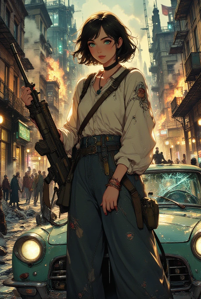 Personagem mulher estilo atompunk Fallout 4 cabelos pretos  atriz Ella Purnell com marcas de guerras Imagem de desenho animado de uma mulher .Ilustracaoo estilo desenho animado, estilo de arte dos desenhos animados, estilo de arte dos desenhos animados, digital illustration style, estilo atompunk design de personagens altamente detalhado, arte digital detalhada coragem,atriz Ella Purnell com cabelo preto e corpo esguio Forest fan art, Design de cabelos pretos personagens de retrato, beautiful digital illustration, retrato de alta qualidade, Arte em quadrinhos, s . Olhos delineados, medium bust and wonderful sexy clothes. image expression of  desire from waist to head illustration atompunk style Fallout 4 The perspective is from below, enfatizando a majestade e o poder da Gigante."actress Ella Purnell black hairstyle Cartoon style digital illustration GTA Style