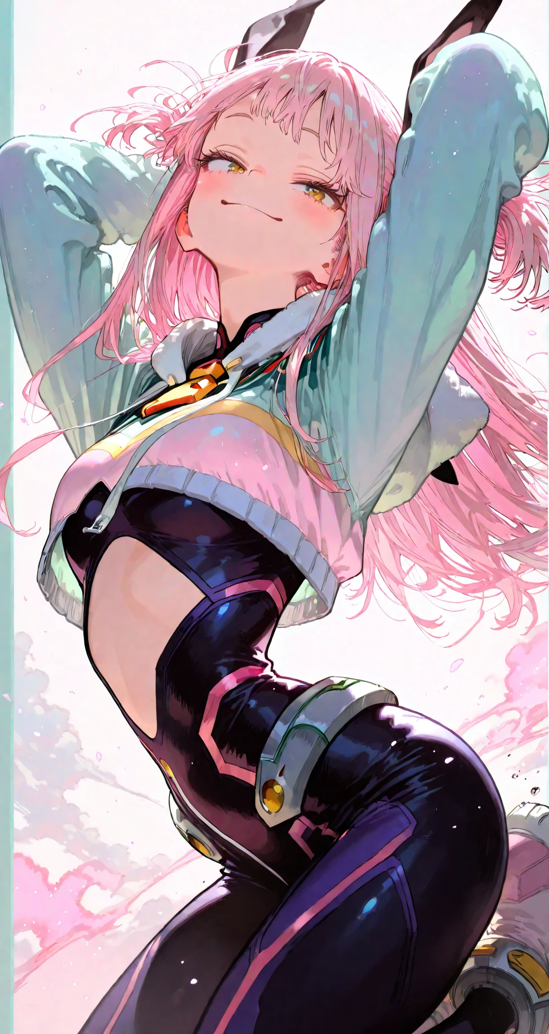 Pastel colors hero suit, cropped hoodie, short jacket, My Hero Academia style, Kohei Horikoshi, A dainamic pose, two side up, long hair, jumping, pink effects, smile