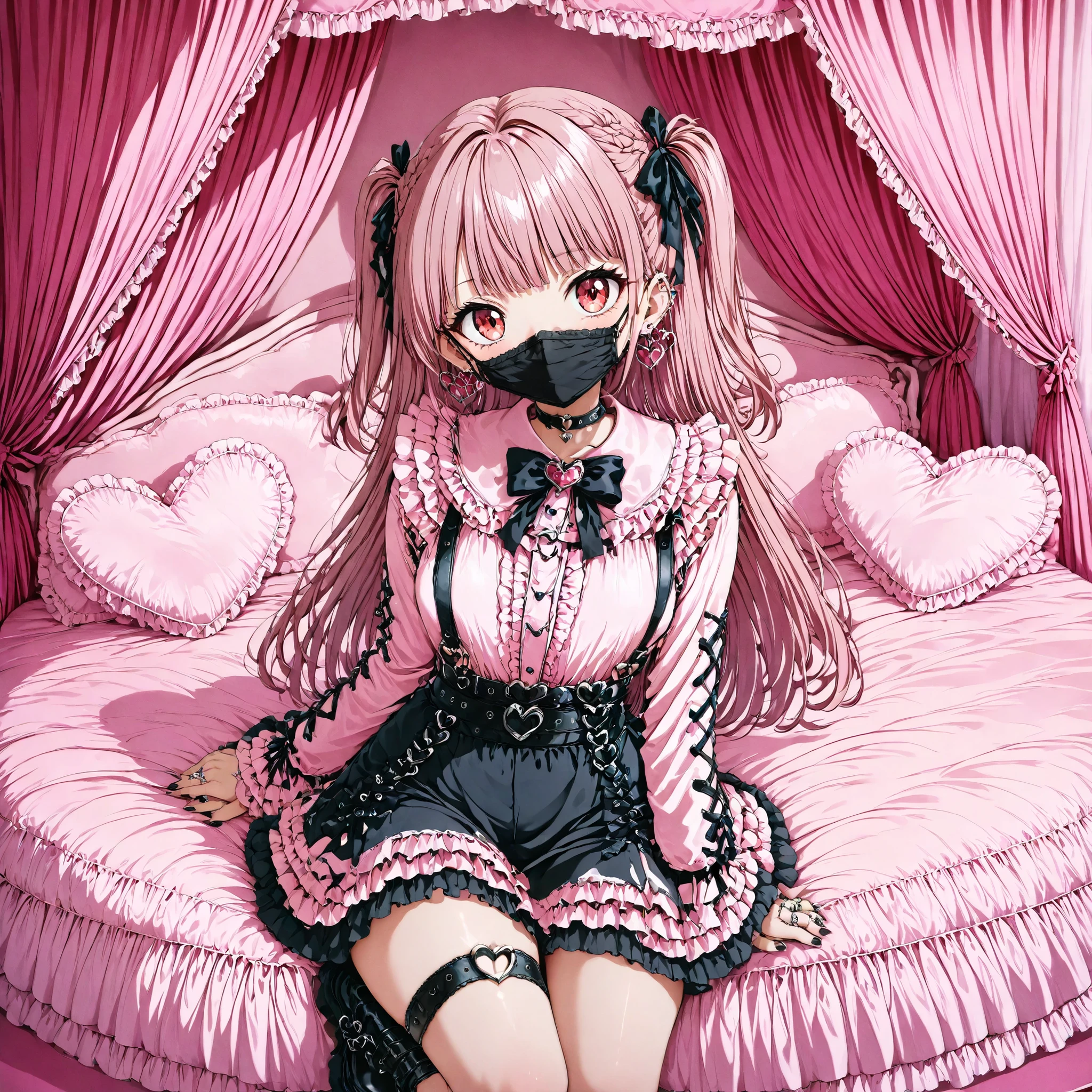 (score_9_, score_8_up, score_7_up, source_anime, 8k, masterpiece, Highest Quality, Super Detailed, is very delicate and beautiful, Official Style, depth of field, Very detailed, very aesthetic, complicated, Overall Details, perfect ), Watch Viewers, ((Faint Light:1.2)), , walliza, on bed, (Indoors, hotel room, love hotel, pink wall, canopy bed,沢山のfrillsド枕,Pink Bed Sheets), ( Box,   wrapping paper ), (pink smartphone, ribbon strap ), BREAK 1girl, solo, (dark haired, pink hair, other rooms), long hair, two side up, dark haired bow, red eyes, jirai kei, (Cross Race Clothes , pink shirt, long sleeve, frillsed sleeves), frills, black bow tie that pushes out the bottom, black skirt,  sblackuspendersheart brooch , heart earrings, ring, nail polish, PINK NAILS, Black nails, (mouth mask, black mouth mask), black belt, o-ring thigh strap, black choker, of