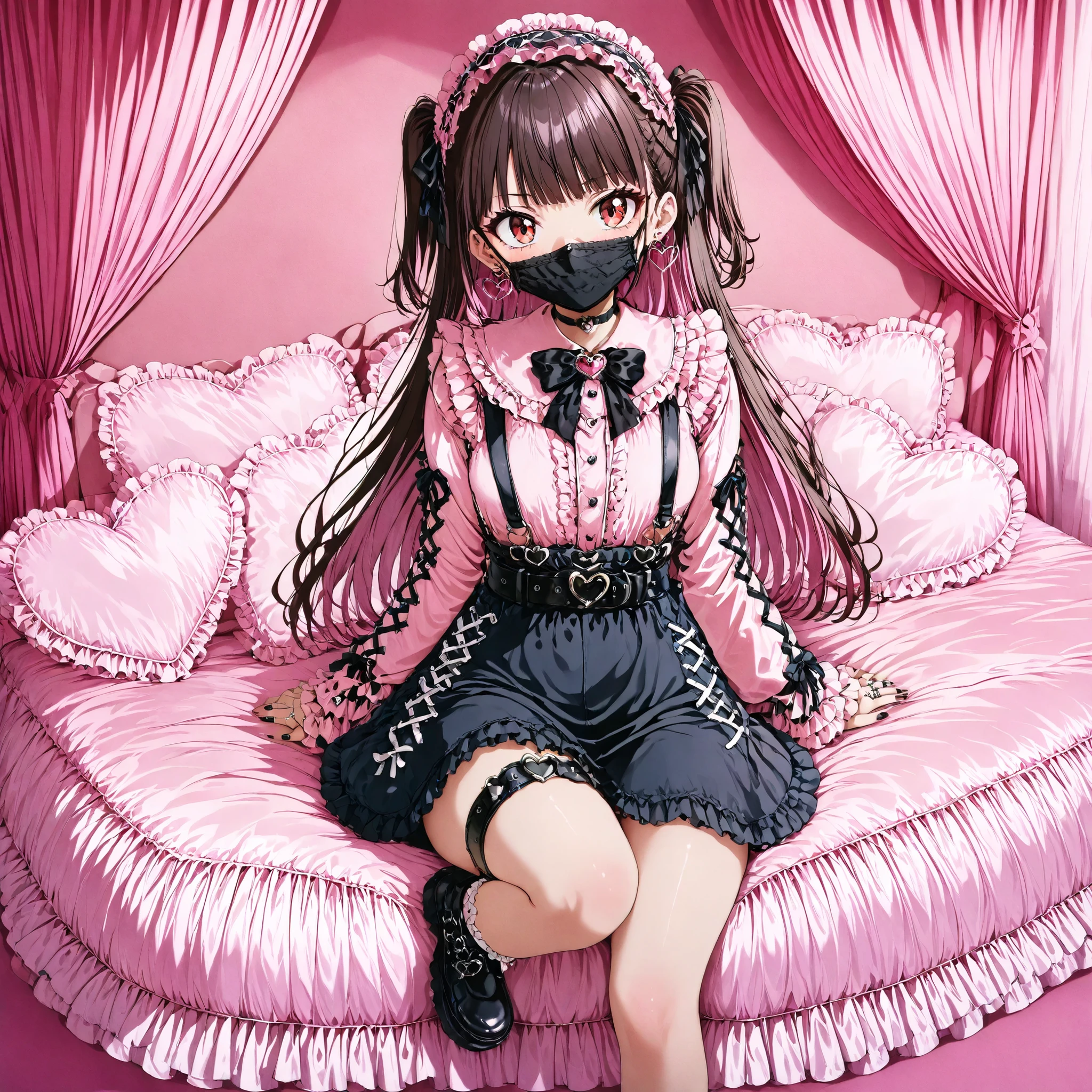 (score_9_, score_8_up, score_7_up, source_anime, 8k, masterpiece, Highest Quality, Super Detailed, is very delicate and beautiful, Official Style, depth of field, Very detailed, very aesthetic, complicated, Overall Details, perfect ), Watch Viewers, ((Faint Light:1.2)), , walliza, on bed, (Indoors, hotel room, love hotel, pink wall, canopy bed,沢山のfrillsド枕,Pink Bed Sheets), ( Box,   wrapping paper ), (pink smartphone, ribbon strap ), BREAK 1girl, solo, (dark haired, pink hair, other rooms), long hair, two side up, dark haired bow, red eyes, jirai kei, (Cross Race Clothes , pink shirt, long sleeve, frillsed sleeves), frills, black bow tie that pushes out the bottom, black skirt,  sblackuspendersheart brooch , heart earrings, ring, nail polish, PINK NAILS, Black nails, (mouth mask, black mouth mask), black belt, o-ring thigh strap, black choker, of