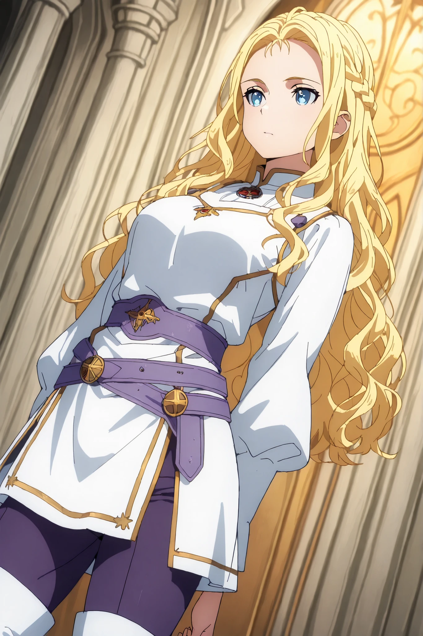 solo, ushio kofune, long hair, wavy hair, blond hair, braid, blue eyes, in a castle, rpg style, medieval princess, white medieval tunic, white top, white thigh boots, purple tight pants, purple belt, outfit with gold trim, fantasy style, dutch angle, cowboy shot, perfect eyes, perfect body, in a castle,