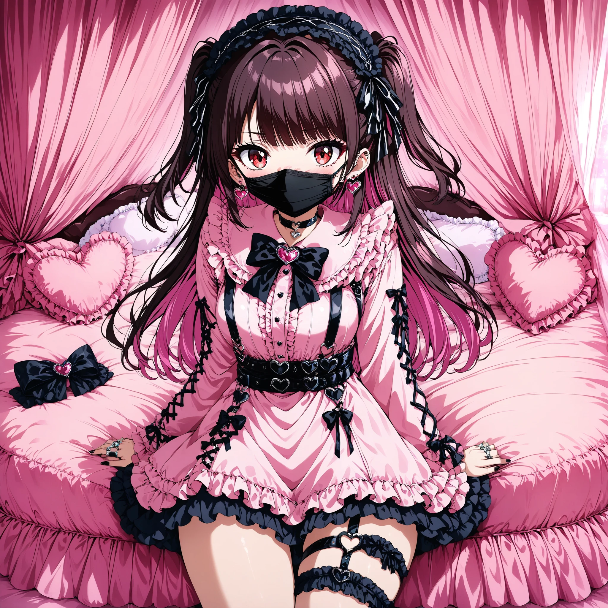 (score_9_, score_8_up, score_7_up, source_anime, 8k, masterpiece, Highest Quality, Super Detailed, is very delicate and beautiful, Official Style, depth of field, Very detailed, very aesthetic, complicated, Overall Details, perfect ), Watch Viewers, ((Faint Light:1.2)), , walliza, on bed, (Indoors, hotel room, love hotel, pink wall, canopy bed,沢山のfrillsド枕,Pink Bed Sheets), ( Box, wrapping paper ), (pink smartphone, ribbon strap ), BREAK 1girl, solo, (dark haired, pink hair, other rooms), long hair, two side up, dark haired bow, red eyes, jirai kei, (Cross Race Clothes , pink shirt, long sleeve, frillsed sleeves), frills, black bow tie that pushes out the bottom, black skirt, sblackuspendersheart brooch , heart earrings, ring, nail polish, PINK NAILS, Black nails, (mouth mask, black mouth mask), black belt, o-ring thigh strap, black choker, of