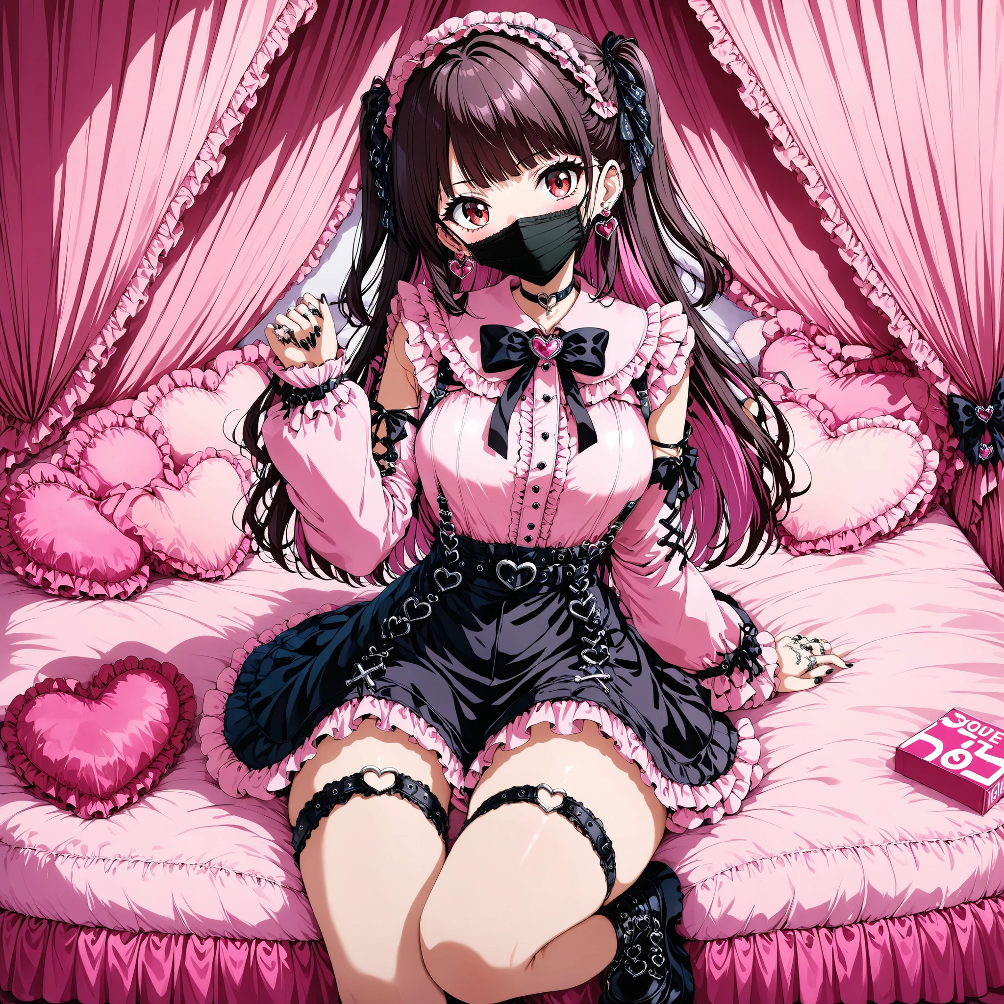 (score_9_, score_8_up, score_7_up, source_anime, 8k, masterpiece, Highest Quality, Super Detailed, is very delicate and beautiful, Official Style, depth of field, Very detailed, very aesthetic, complicated, Overall Details, perfect ), Watch Viewers, ((Faint Light:1.2)), , walliza, on bed, (Indoors, hotel room, love hotel, pink wall, canopy bed,沢山のfrillsド枕,Pink Bed Sheets), ( Box, wrapping paper ), (pink smartphone, ribbon strap ), BREAK 1girl, solo, (dark haired, pink hair, other rooms), long hair, two side up, dark haired bow, red eyes, jirai kei, (Cross Race Clothes , pink shirt, long sleeve, frillsed sleeves), frills, black bow tie that pushes out the bottom, black skirt, sblackuspendersheart brooch , heart earrings, ring, nail polish, PINK NAILS, Black nails, (mouth mask, black mouth mask), black belt, o-ring thigh strap, black choker, of