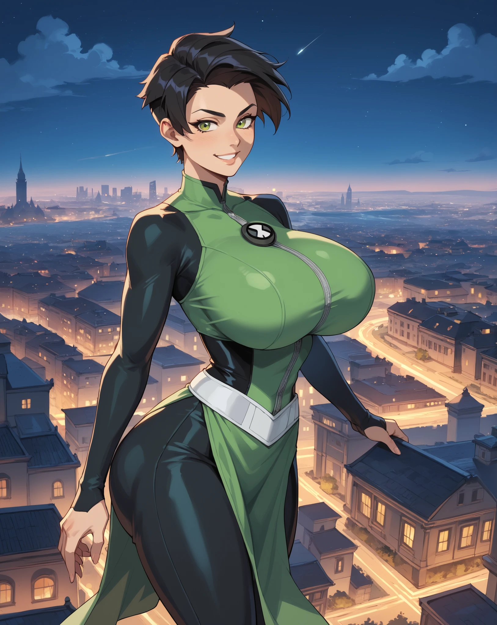 masterpiece、high quality、high quality de imagen、detailed face, detailed fingers, (masterpiece), ( perfect for everyone ),anisaxl,black hair, green eyes ,short hair, smile,
green , long sleeves,black pants,short pelvic curtain,curvilíneo,
Floating, night,cityscape,looking at the spectator, , , tomboy, , pants,
ben10, huge , Pixie cut,