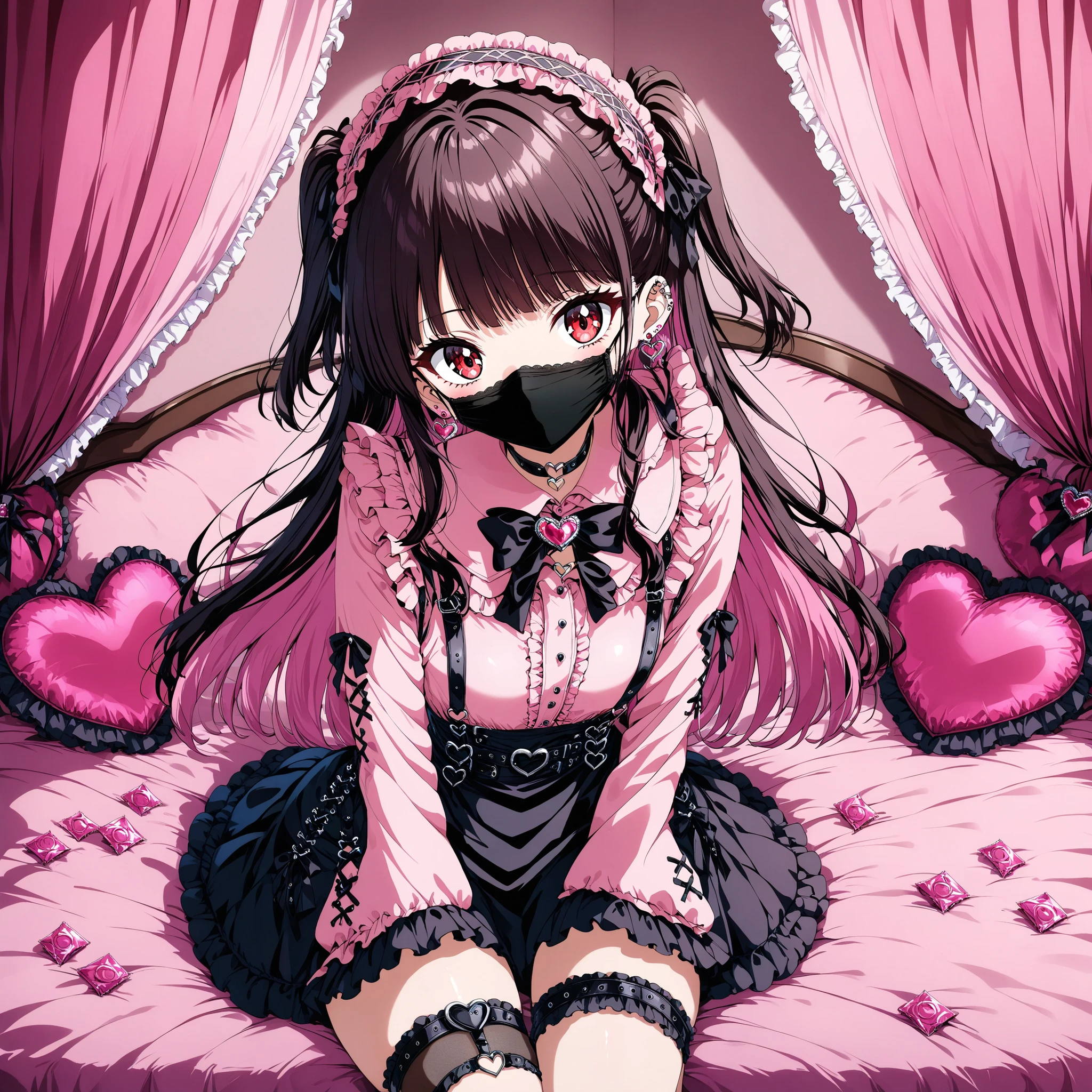 (score_9_, score_8_up, score_7_up, source_anime, 8k, masterpiece, Highest Quality, Super Detailed, is very delicate and beautiful, Official Style, depth of field, Very detailed, very aesthetic, complicated, Overall Details, perfect ), Watch Viewers, ((Faint Light:1.2)), , walliza, on bed, (Indoors, hotel room, love hotel, pink wall, canopy bed,沢山のfrillsド枕,Pink Bed Sheets), ( Box,   wrapping paper ), (pink smartphone, ribbon strap ), BREAK 1girl, solo, (dark haired, pink hair, other rooms), long hair, two side up, dark haired bow, red eyes, jirai kei, (Cross Race Clothes , pink shirt, long sleeve, frillsed sleeves), frills, black bow tie that pushes out the bottom, black skirt,  sblackuspendersheart brooch , heart earrings, ring, nail polish, PINK NAILS, Black nails, (mouth mask, black mouth mask), black belt, o-ring thigh strap, black choker, of