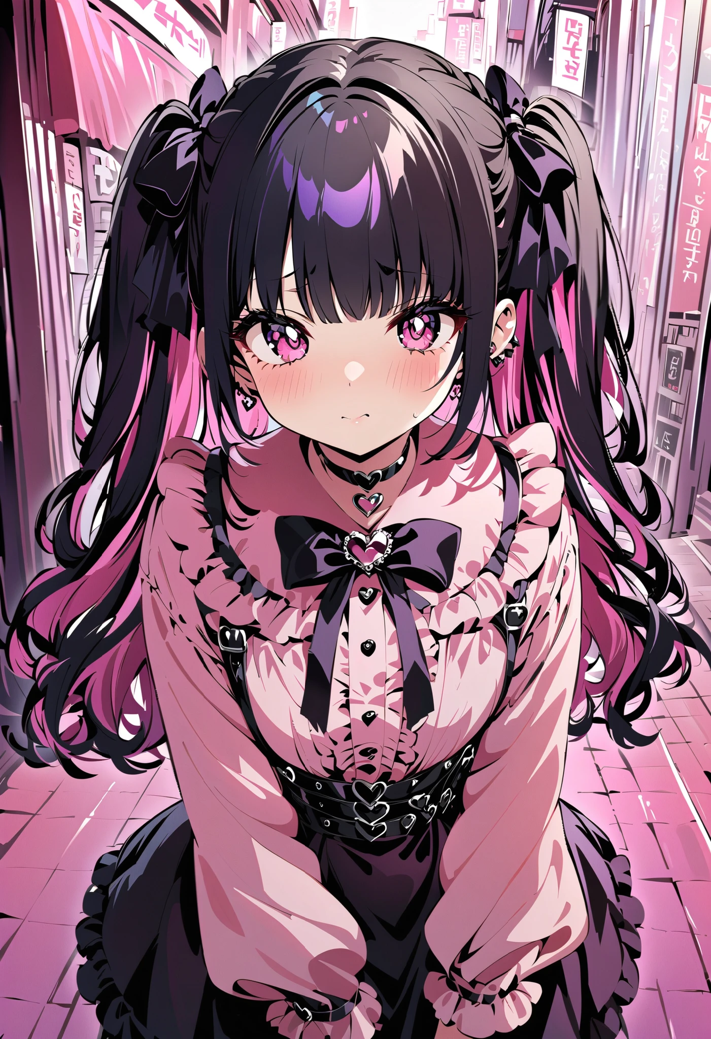 high-resolution image,masterpiece,Highest Quality,girls,cute face,clean skin,shiny hair,super detailed eyes, jirai kei, dark haired, bow, twin tails, bag,pink shirt,black skirt,stupid hair