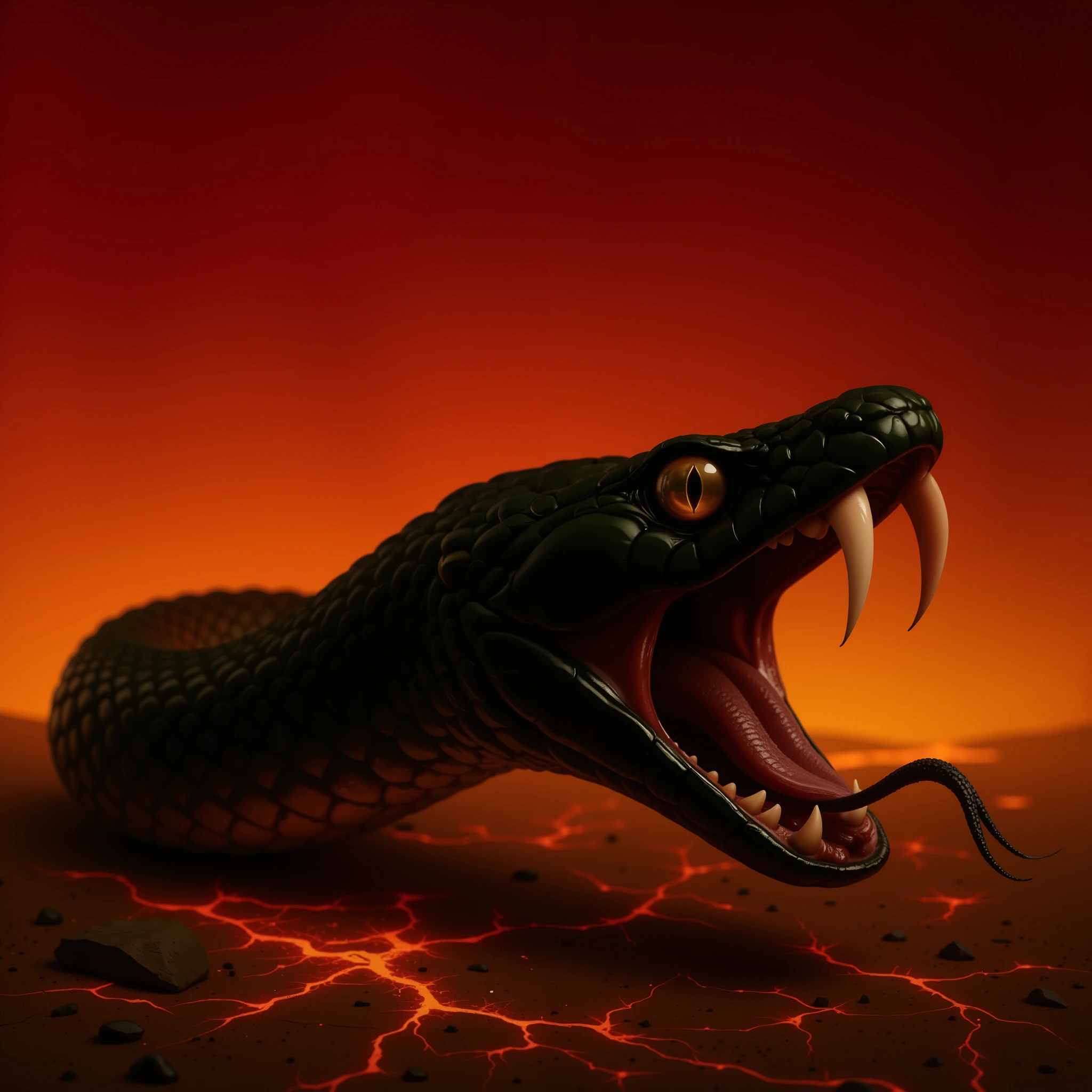 Photorealistic close-up of a black snake’s head with its mouth wide open, fangs exposed, and tongue extended in distress. The snake’s scales are dark greenish-black, glossy, and highly textured. Its golden eye with a vertical slit pupil reflects the fiery glow of the ground. The background is vivid red with a gradient of yellow near the bottom, suggesting heat and intensity. The ground beneath the snake is cracked and emits a volcanic glow, with fissures glowing in bright orange and yellow tones. Small rocks and debris are scattered around the snake’s head. The snake’s body is mostly out of frame, emphasizing the dramatic tension in its expression. Lighting is intense and directional, highlighting the contrast between the snake’s dark scales and the fiery terrain.