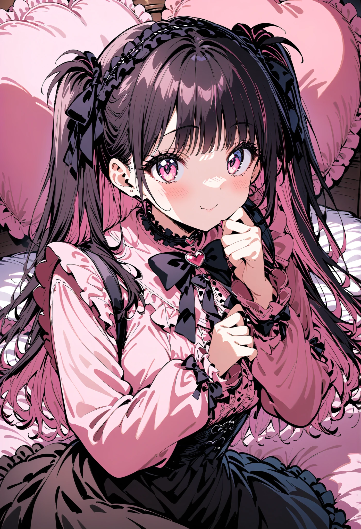 high-resolution image,masterpiece,Highest Quality,girls,cute face,clean skin,shiny hair,super detailed eyes, jirai kei, dark haired, bow, twin tails, bag,pink shirt,black skirt,stupid hair