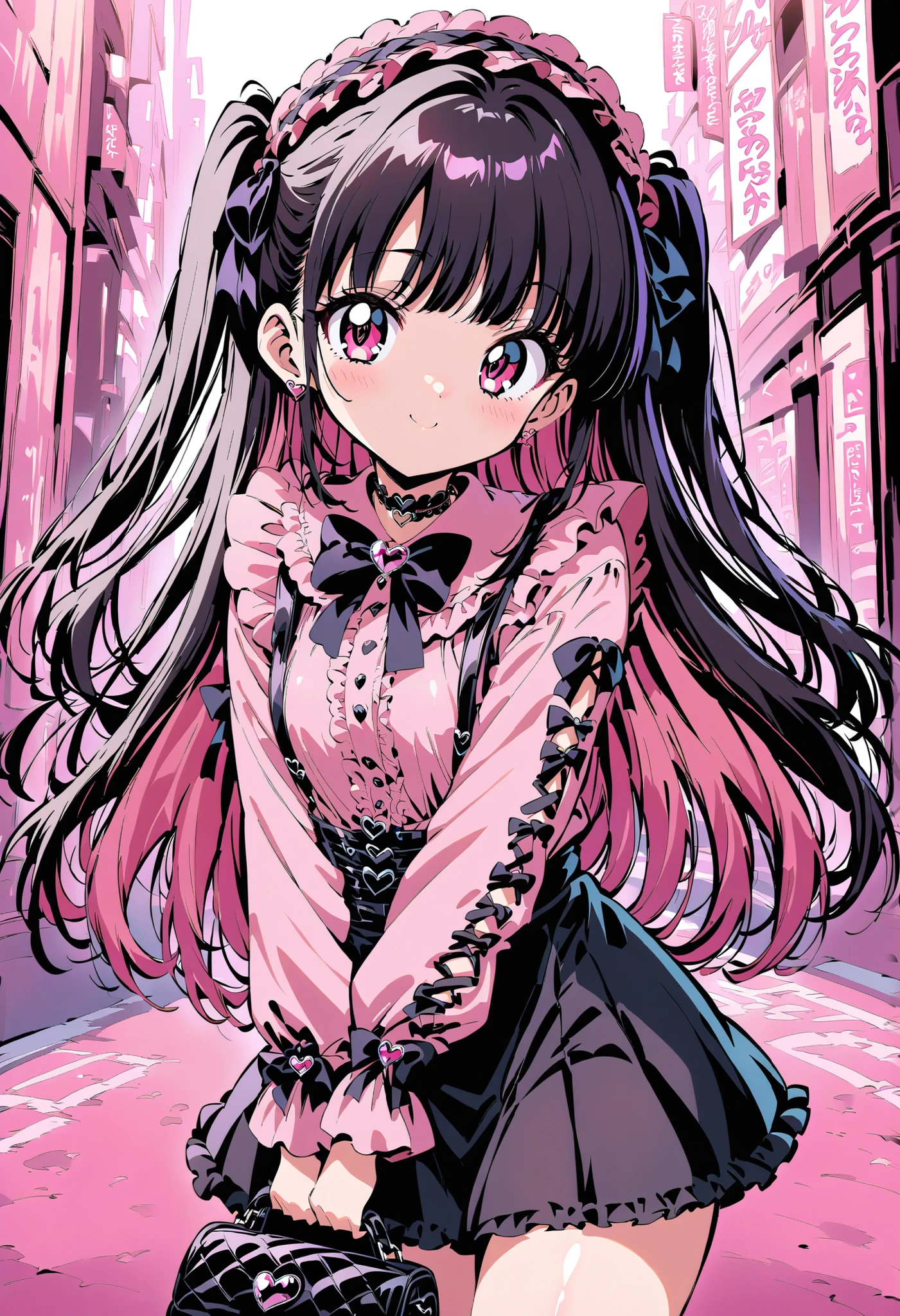 high-resolution image,masterpiece,Highest Quality,1990s anime style,girls,cute face,clean skin,shiny hair,super detailed eyes, jirai kei, dark haired, bow, twin tails, bag,pink shirt,black skirt,stupid hair