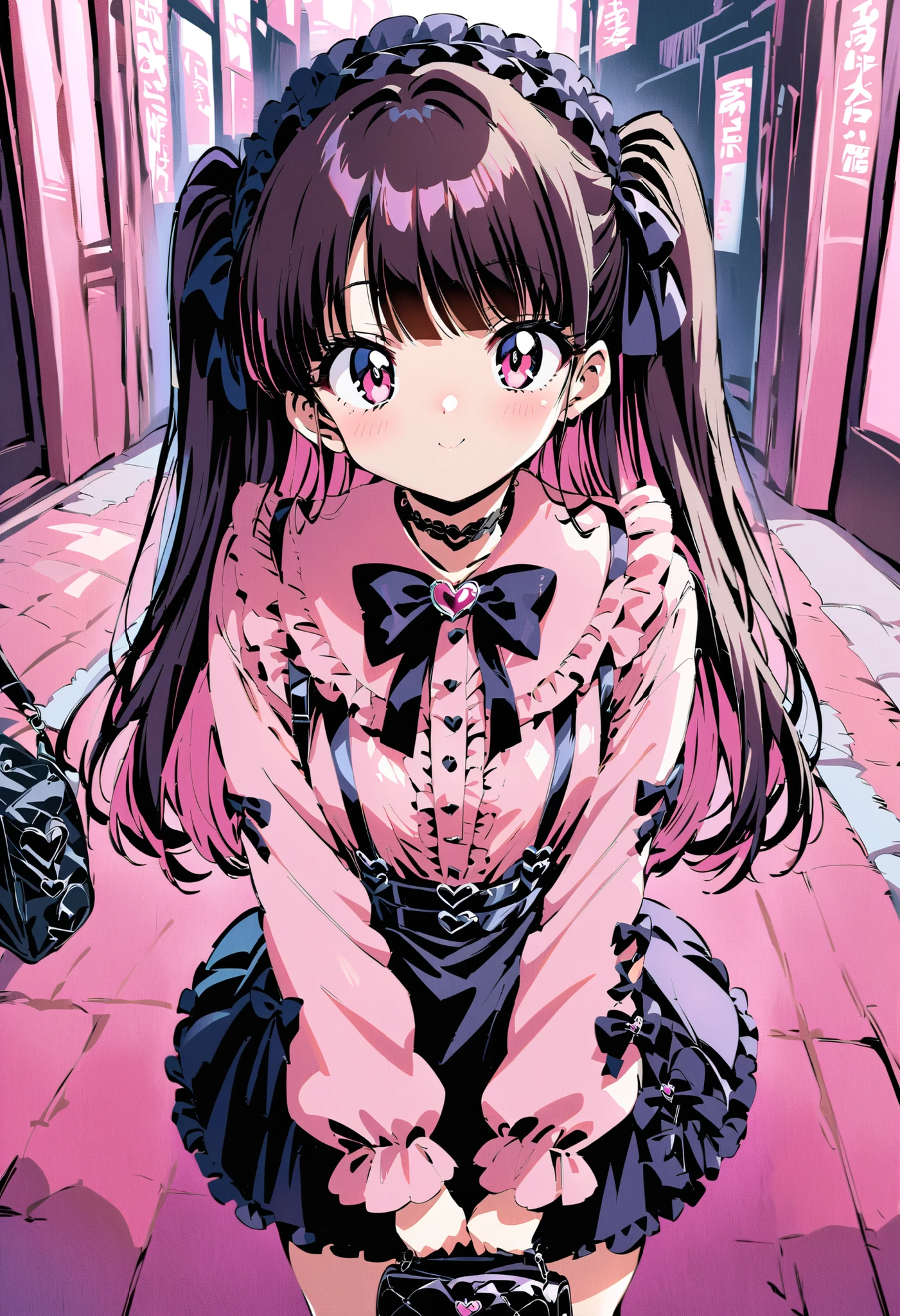 high-resolution image,masterpiece,Highest Quality,1990s anime style,girls,cute face,clean skin,shiny hair,super detailed eyes, jirai kei, dark haired, bow, twin tails, bag,pink shirt,black skirt,stupid hair