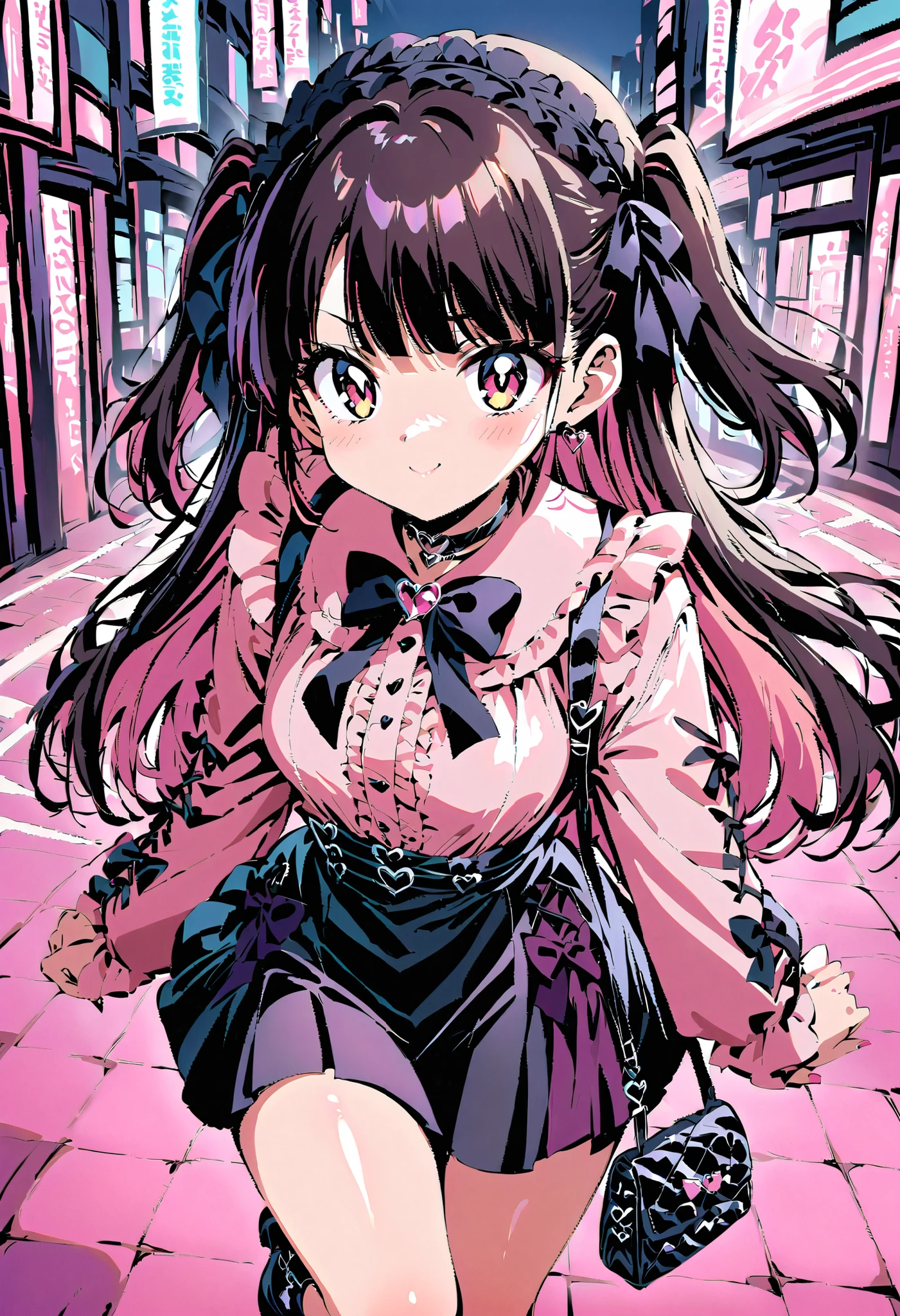 high-resolution image,masterpiece,Highest Quality,1990s anime style,girls,cute face,clean skin,shiny hair,super detailed eyes, jirai kei, dark haired, bow, twin tails, bag,pink shirt,black skirt,stupid hair