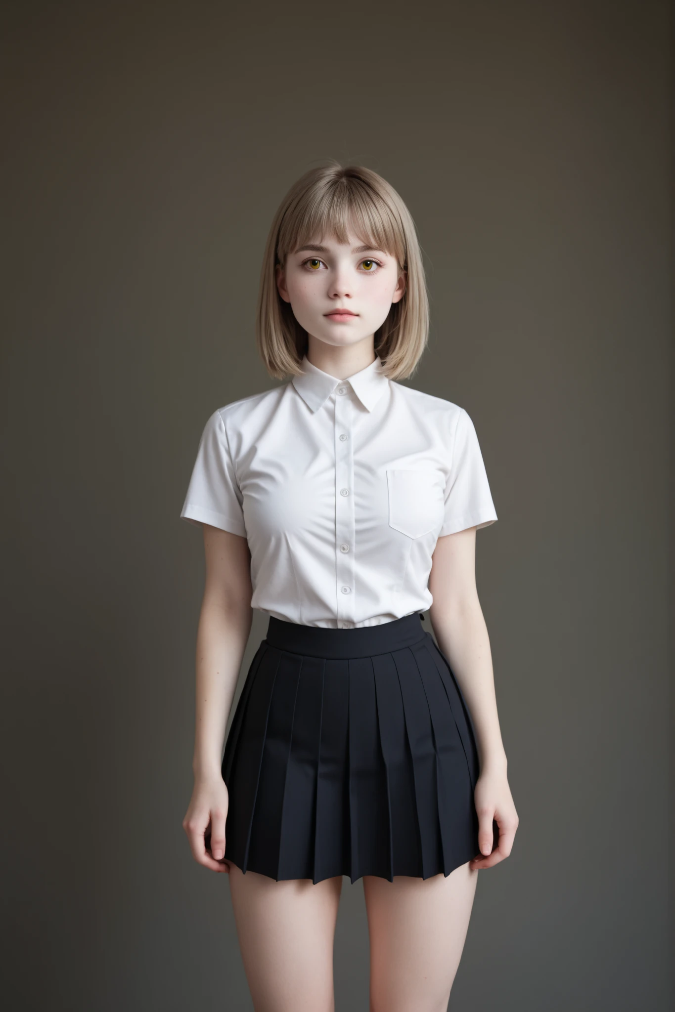 A young girl standing in front of a white background, studio photoshoot, in perfect lighting, frontal portrait, 3/4 shot, centered framing, neutral background, minimalism.
(Medium length hair:1.5), dirty blonde hair, (straight hair:1.5), perfect hair, shinny hair, fine hair, (bangs with a middle part:1.5).
Large eyes, beautiful eyes, yellow eyes, expressive eyes, thick eyebrows, delicate facial features, (symmetrical face:1.5), (teenager face:1.5), (cute face:1.4).
(Pale white skin:1.5), smooth skin, perfect skin.
(Attractive body:1.3), medium sized breasts, slender waist, round hips, prominent thighs, thick thighs, sexy legs.
Wearing a preppy outfit, white short sleeve uniform shirt, slim fit formal women's shirt, shirt with white buttons, grey pleated school skirt, circular pleated school skirt.
UHD, highres, 16k, best quality, high details, anatomically correct, accurate, masterpiece.