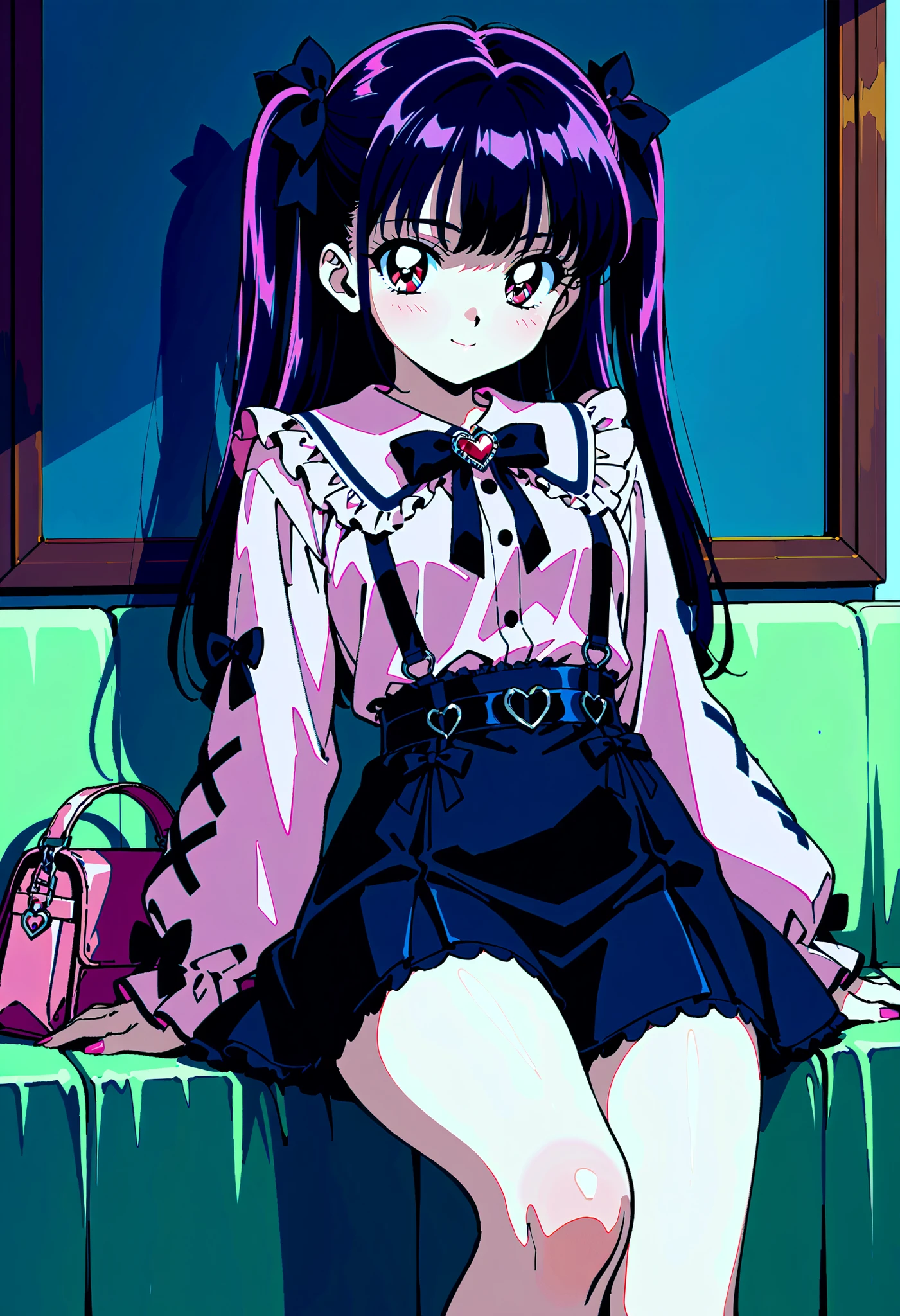 high-resolution image,masterpiece,Highest Quality,1990s anime style,girls,cute face,clean skin,shiny hair,super detailed eyes,  jirai kei, dark haired, bow, twin tails, bag,pink shirt,black skirt,stupid hair