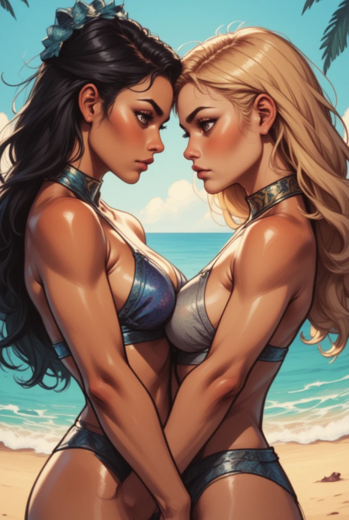 2woman, lesbians, being on the beach, 8k, highly detailed， illustration, dynamic pose, ((Intricate Details)), (Beautiful and Delicate Eyes), (Illustration), (Silhouette) Absurd, ((Ultra-realistic Nose)),No Extra Hands, (Perfect Hands) , Mature Woman, （（masterpiece）））， （（best quality））， （（intricately details））， （（ultra-realistic realism））， Ridiculous res, A MILF， Mature woman, highly detailed， illustration， 1. Mature women， （（Large breasts:1.1）)，perfect hand， detailed finger， Beautiful detailed eyes, vd, , slim body, tanned skin, (woman wearing bikini, ), detailed background， perfect eyes， Seductive eye, sexy, orgasmic, welcoming, inviting look,