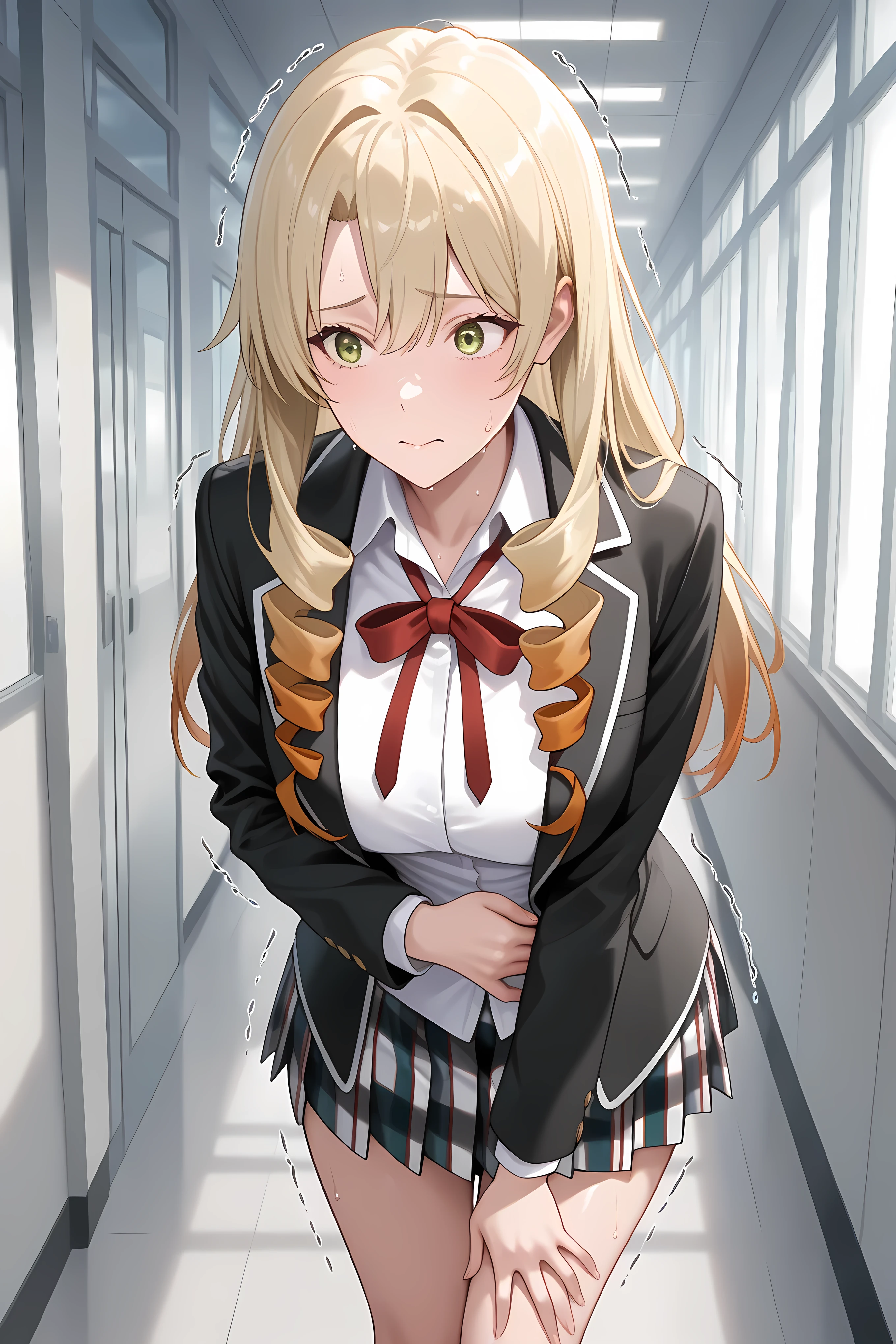 long hair, multicolored hair, blonde hair, orange hair, green eyes, twin drills,YumikoSchool, open jacket, black jacket, collared shirt, white shirt, neck ribbon, red ribbon, long sleeves, plaid skirt, pleated skirt, multicolored skirt,Solo, general, masterpiece, highres, ultra-detailed, hyper-detailed, best quality, amazing quality, very aesthetic, best hands, best eyes, best hand, half body shot,
adult woman, 1woman, hand on own stomach, sweat, leaning forward, nervous, scared, trembling legs, school hallway