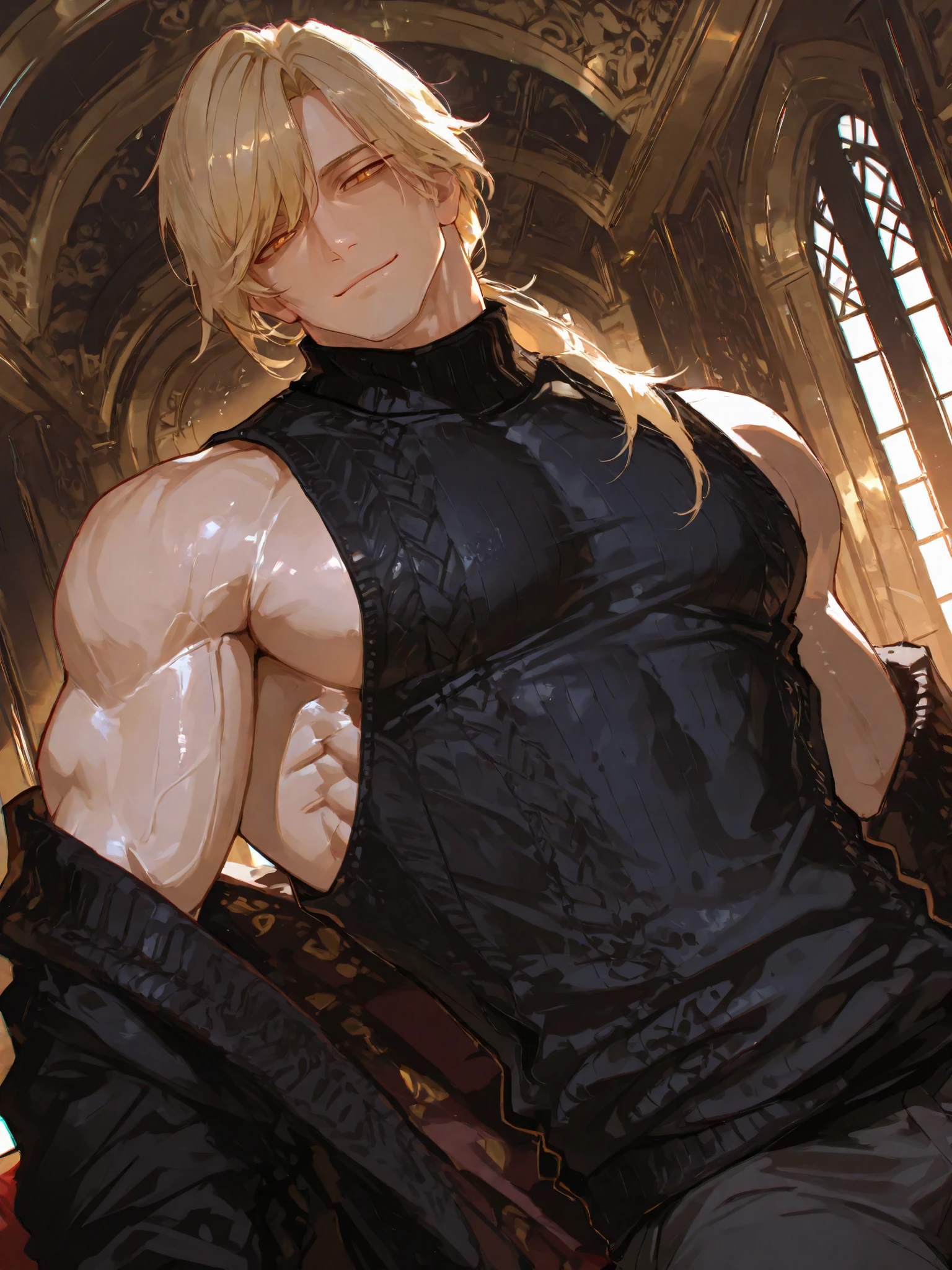 best quality, masterpiece, stocky man with blond hair, looks like laios touden, dungeon meshi, , sexy, gay, homoerotic, extremely dramatic shadows, romantic atmosphere, perfection
