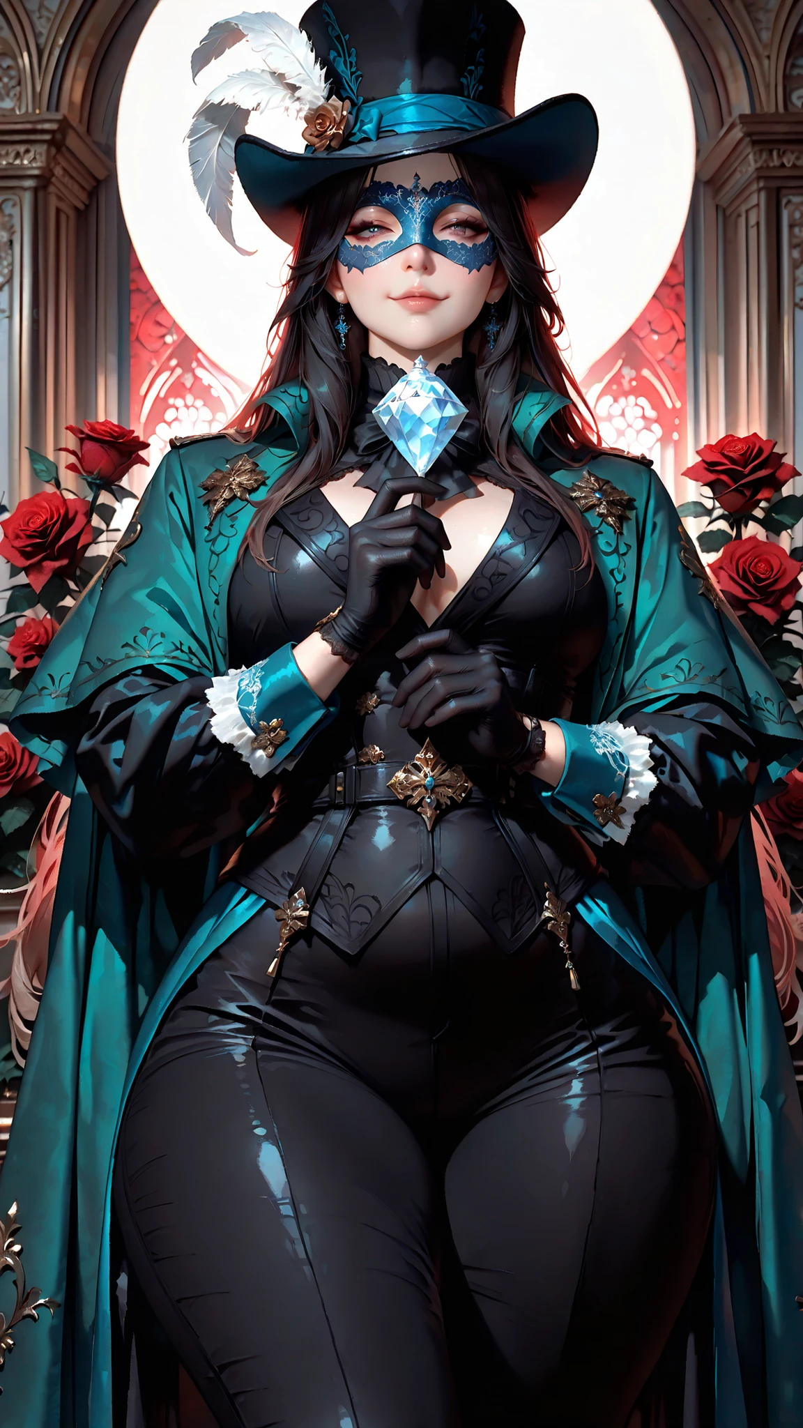  (((holding a diamond in hand))),  cinematic, (masterpiece), (best quality), (ultra-detailed), very aesthetic, realistic illustration, perfect composition, intricate details, absurdres, score_9, score_8_up, score_7_up, masterpiece, black gloves, gentle mysterious thief, 1girl, chubby body, wide hips, thick thighs, black pants, smiling smug, blue masquerade mask, hat with a white feather, cloak, in a dynamic pose, green Thief Cloak, background is many red rose,moon,lighting effect, extremely detailed background, ultra detailed, 8k, ray tracing, illustration, cinematic shadow, fantasy character,bishounen,tsurime, ultra-detailed, intricate details,masterpiece, best quality, amazing quality, hyper-detailed, newest, very aesthetic,((photorealism:1.2))

