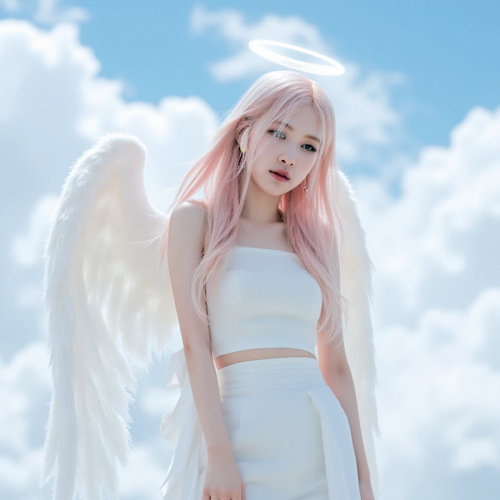 ((masterpiece, best quality, extremely detailed), volumetric lighting, ambient occlusion, colorful, glowing),
1girl, solo, young girl, (pink hair), long hair, halo, aura, sacred, godness, cyber suit, (white outfit:1.3), android, bot, angel wings,
outdoors, sunset, sky, clouds, space, (cyberpunk theme:1.2),
