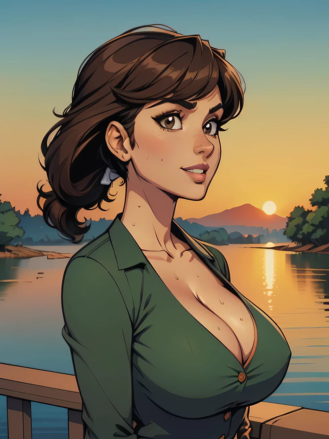 ( linhas absurdas, high definition, ultra fino, be careful with your hand ) Close up of a thin and athletic woman (flight attendant), 25 anos, 16k (( high definition )), sorriso lindo, olhar sedutor (( looking at the spectator )), olhos verdes, flight attendant usando um blazer verde (( with buttons, gola italiana, mangas longas )) over a green t-shirt (( decote em V )), cintura fina, cinto preto, arms on the sides of her body, pele morena, curly brown hair (( with ponytails and bangs )), She is alone on a bridge over a river (( upper body, From waist to head, side view 3.4 )), with freckles on the neck and , (( big, round and sweaty 3.4 )), (( Well defined collarbone )). estilo cartoon (( QG )), forest and sunset in the background.