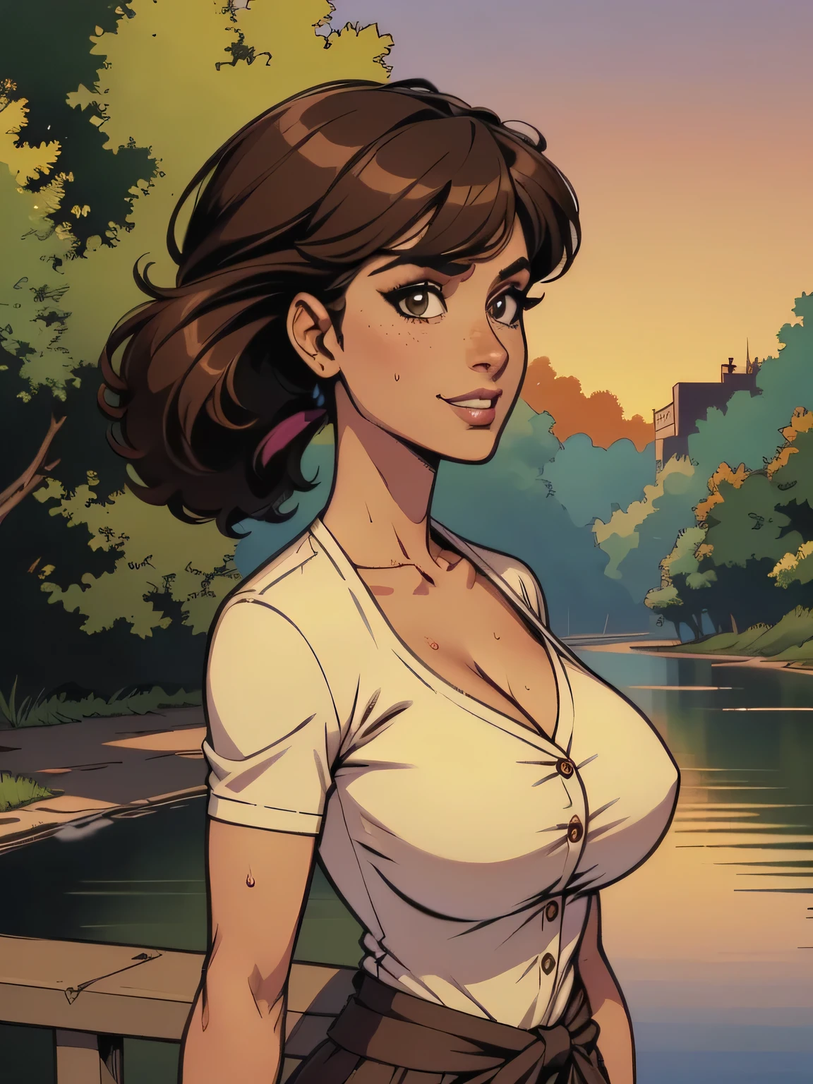 ( linhas absurdas, high definition, ultra fino, be careful with your hand ) Close up of a thin and athletic woman (flight attendant), 25 anos, 16k (( high definition )), shy smile, olhar sedutor (( looking at the spectator )), olhos verdes, flight attendant usando um blazer verde (( with buttons, gola italiana, mangas longas )) over a green t-shirt (( decote em V )), cintura fina, cinto preto, arms on the sides of her body, pele morena, curly brown hair (( with ponytails and bangs )), She is alone on a bridge over a river (( upper body, From waist to head, side view 3.4 )), with freckles on the neck and , (( big, round and sweaty 3.4 )), (( Well defined collarbone )). estilo cartoon (( QG )), forest and sunset in the background.