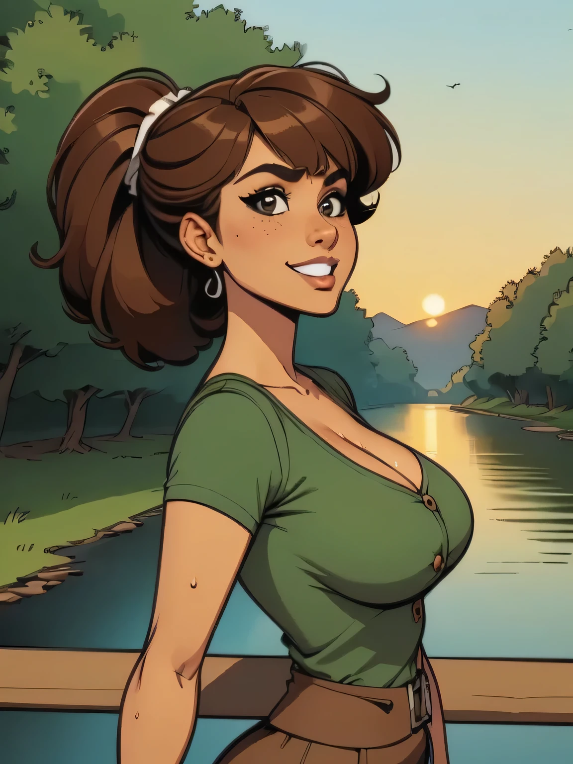 ( linhas absurdas, high definition, ultra fino, be careful with your hand ) Close up of a thin and athletic woman (flight attendant), 25 anos, 16k (( high definition )), sorriso fofo, olhar sedutor (( looking at the spectator )), olhos verdes, flight attendant usando um blazer verde (( with buttons, gola italiana, mangas longas )) over a green t-shirt (( decote em V )), cintura fina, cinto preto, arms on the sides of her body, pele morena, curly brown hair (( with ponytails and bangs )), She is alone on a bridge over a river (( upper body, From waist to head, side view 3.4 )), with freckles on the neck and breasts, (( big, round and sweaty breasts 3.4 )), (( Well defined collarbone )). estilo cartoon (( QG )), forest and sunset in the background.