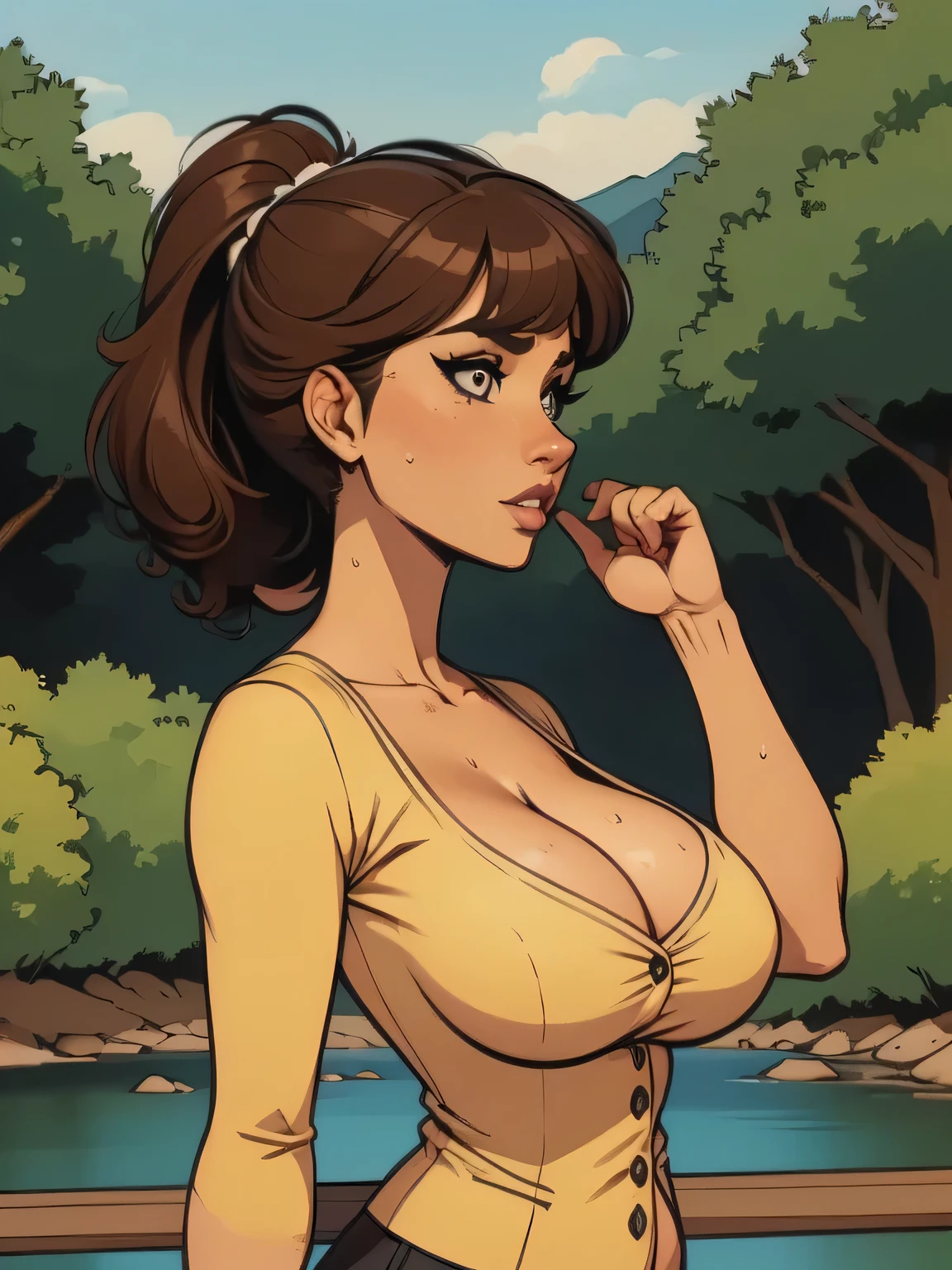 ( linhas absurdas, high definition, ultra fino, be careful with your hand ) Close up of a thin and athletic woman (flight attendant), 25 anos, 16k (( high definition )), sighing look, olhar sedutor (( looking at the spectator )), olhos verdes, flight attendant usando um blazer verde (( with buttons, gola italiana, mangas longas )) over a green t-shirt (( decote em V )), cintura fina, cinto preto, arms on the sides of her body, pele morena, curly brown hair (( with ponytails and bangs )), She is alone on a bridge over a river (( upper body, From waist to head, side view 3.4 )), with freckles on the neck and , (( big, round and sweaty 3.4 )), (( Well defined collarbone )). estilo cartoon (( QG )), forest and sunset in the background.