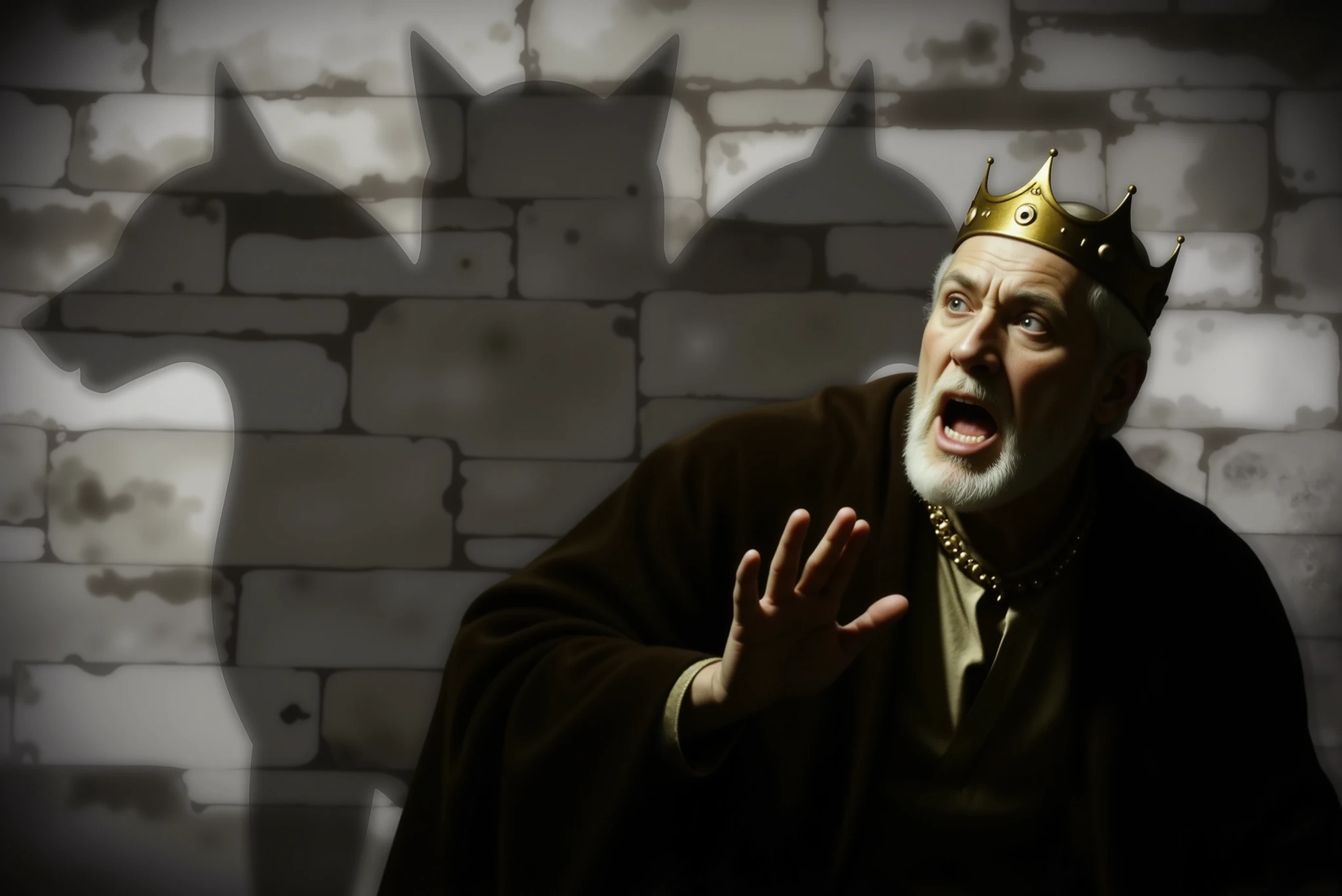 Photorealistic cinematic scene. King Eurystheus recoils in panic as Cerberus, the three-headed hellhound, stands before him. The king is positioned on the right side of the frame, dressed in regal robes with a golden crown slightly askew. His face is contorted in fear, eyes wide, mouth open, and his right hand raised defensively in front of him. Dramatic lighting highlights the wrinkles and terror in his expression. Behind and above him, projected on the wall and floor, are the large, looming shadows of Cerberus’s three lupine heads — snarling, ears raised, jaws open. The background is dimly lit, with warm tones of torchlight and deep shadows. The composition emphasizes the contrast between the king’s vulnerability and the monstrous presence implied by the shadows.