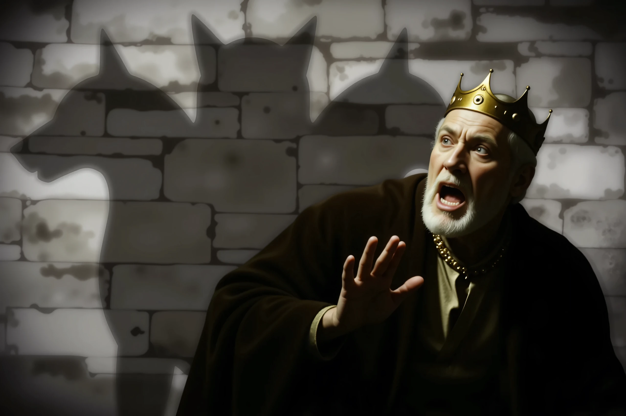 Photorealistic cinematic scene. King Eurystheus recoils in panic as Cerberus, the three-headed hellhound, stands before him. The king is positioned on the right side of the frame, dressed in regal robes with a golden crown slightly askew. His face is contorted in fear, eyes wide, mouth open, and his right hand raised defensively in front of him. Dramatic lighting highlights the wrinkles and terror in his expression. Behind and above him, projected on the wall and floor, are the large, looming shadows of Cerberus’s three lupine heads — snarling, ears raised, jaws open. The background is dimly lit, with warm tones of torchlight and deep shadows. The composition emphasizes the contrast between the king’s vulnerability and the monstrous presence implied by the shadows.