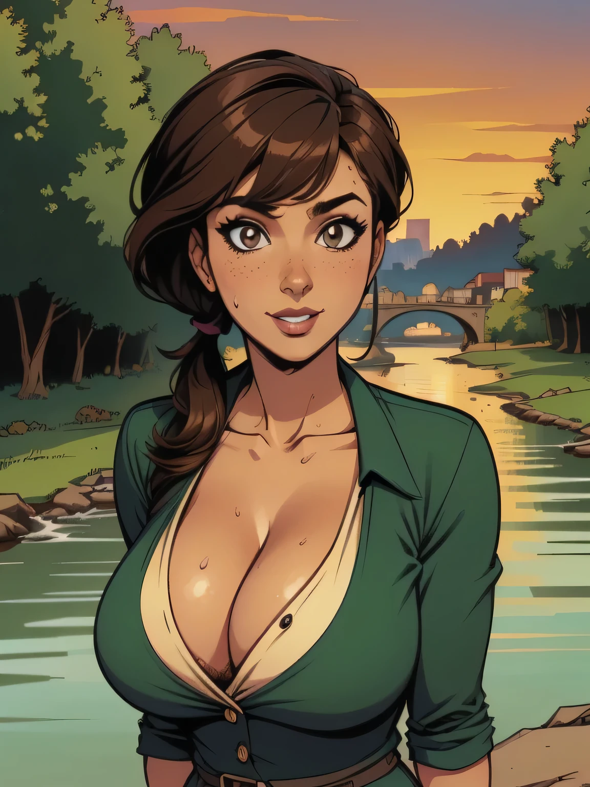 ( linhas absurdas, high definition, ultra fino,  be careful with your hand ) Close up of a thin woman ,  busty and athletic  (flight attendant), 25 anos, 16k (( high definition )), sorriso lindo, olhar sedutor (( looking at the spectator )), olhos verdes, flight attendant usando um blazer verde (( with buttons, gola italiana, mangas longas )) over a green t-shirt (( decote em V )), cintura fina, cinto preto, arms on the sides of her body, pele morena, curly brown hair (( with ponytails and bangs )), She is alone on a bridge over a river (( upper body, From waist to head, perspective view 3.4 )), with freckles on the neck and , (( big, round and sweaty  3.4 )), (( Well defined collarbone )). estilo cartoon (( QG )), forest and sunset in the background.