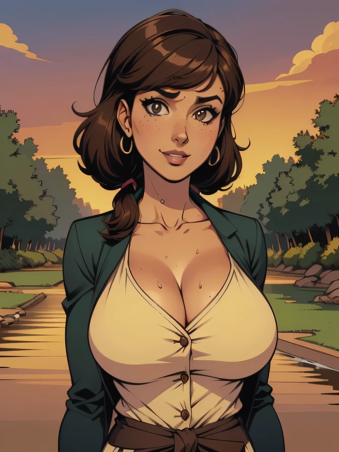 ( linhas absurdas, high definition, ultra fino, be careful with your hand ) Close up of a thin woman , busty and athletic (flight attendant), 25 anos, 16k (( high definition )), sorriso lindo, olhar sedutor (( looking at the spectator )), olhos verdes, flight attendant usando um blazer verde (( with buttons, gola italiana, mangas longas )) over a green t-shirt (( decote em V )), cintura fina, cinto preto, arms on the sides of her body, pele morena, curly brown hair (( with ponytails and bangs )), She is alone on a bridge over a river (( upper body, From waist to head, perspective view 3.4 )), with freckles on the neck and , (( big, round and sweaty 3.4 )), (( Well defined collarbone )). estilo cartoon (( QG )), forest and sunset in the background.