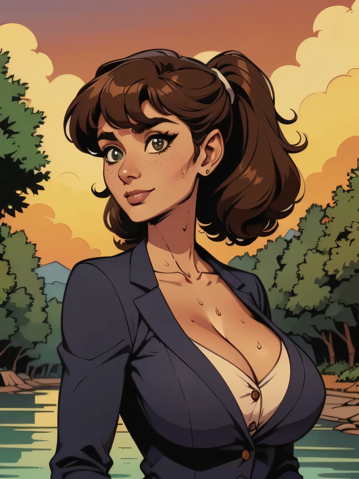 ( linhas absurdas, high definition, ultra fino, be careful with your hand ) Close up of a thin woman , busty and athletic (flight attendant), 25 anos, 16k (( high definition )), sorriso lindo, olhar sedutor (( looking at the spectator )), olhos verdes, flight attendant usando um blazer verde (( with buttons, gola italiana, mangas longas )) over a green t-shirt (( decote em V )), cintura fina, cinto preto, arms on the sides of her body, pele morena, curly brown hair (( with ponytails and bangs )), She is alone on a bridge over a river (( upper body, From waist to head, side view 1 .4 )), with freckles on the neck and , (( big round sweaty 1.4 )), (( Well defined collarbone )). estilo cartoon (( QG )), forest and sunset in the background.