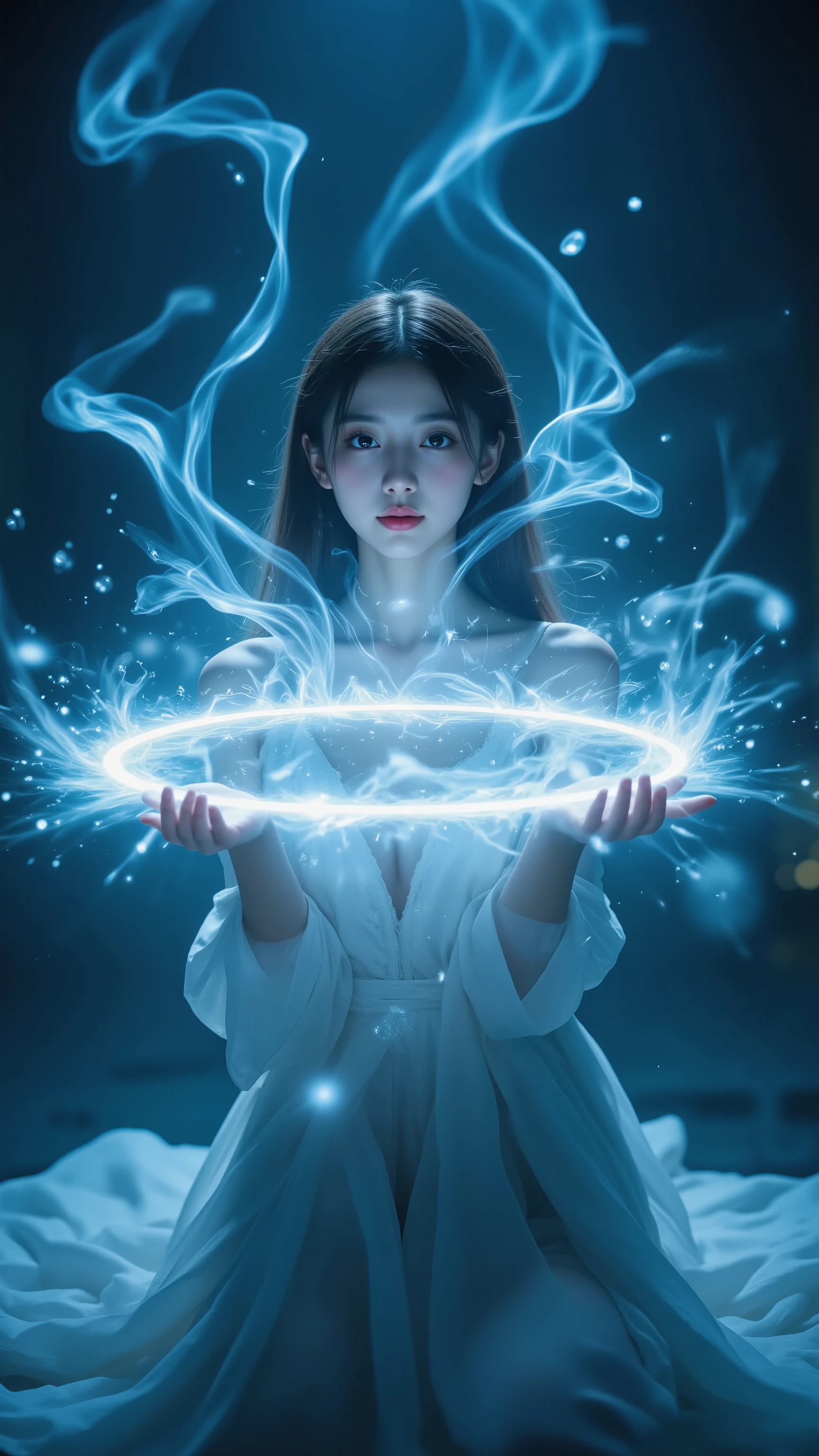 A Girl with Mysterious Powers, Shining Eyes, Floating Magic Circle, Fantastic Particles of Light, Long Hair Dances in the Air, Mysterious Aura, Space wrapped in blue light, Quiet Atmosphere, Super Power Scene, 8k ultra high definition