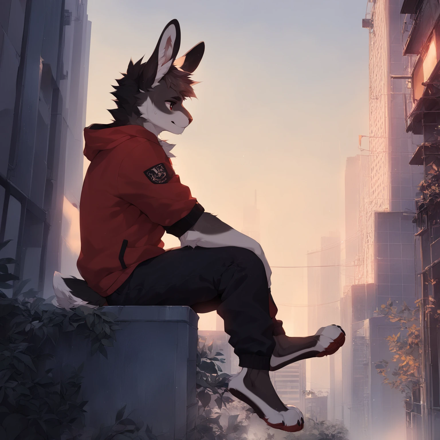 Anthropomorphic Eastern cottontail rabbit (furry), sitting on the edge of a city rooftop at night. He is wearing a dark red hoodie and dark grey sweatpants. Camera angled slightly from behind and to the side, showing his profile as he looks out across the skyline. The background has only a few tall buildings, about half of the scene, leaving open sky visible. Cinematic lighting, detailed fur texture, atmospheric urban background.