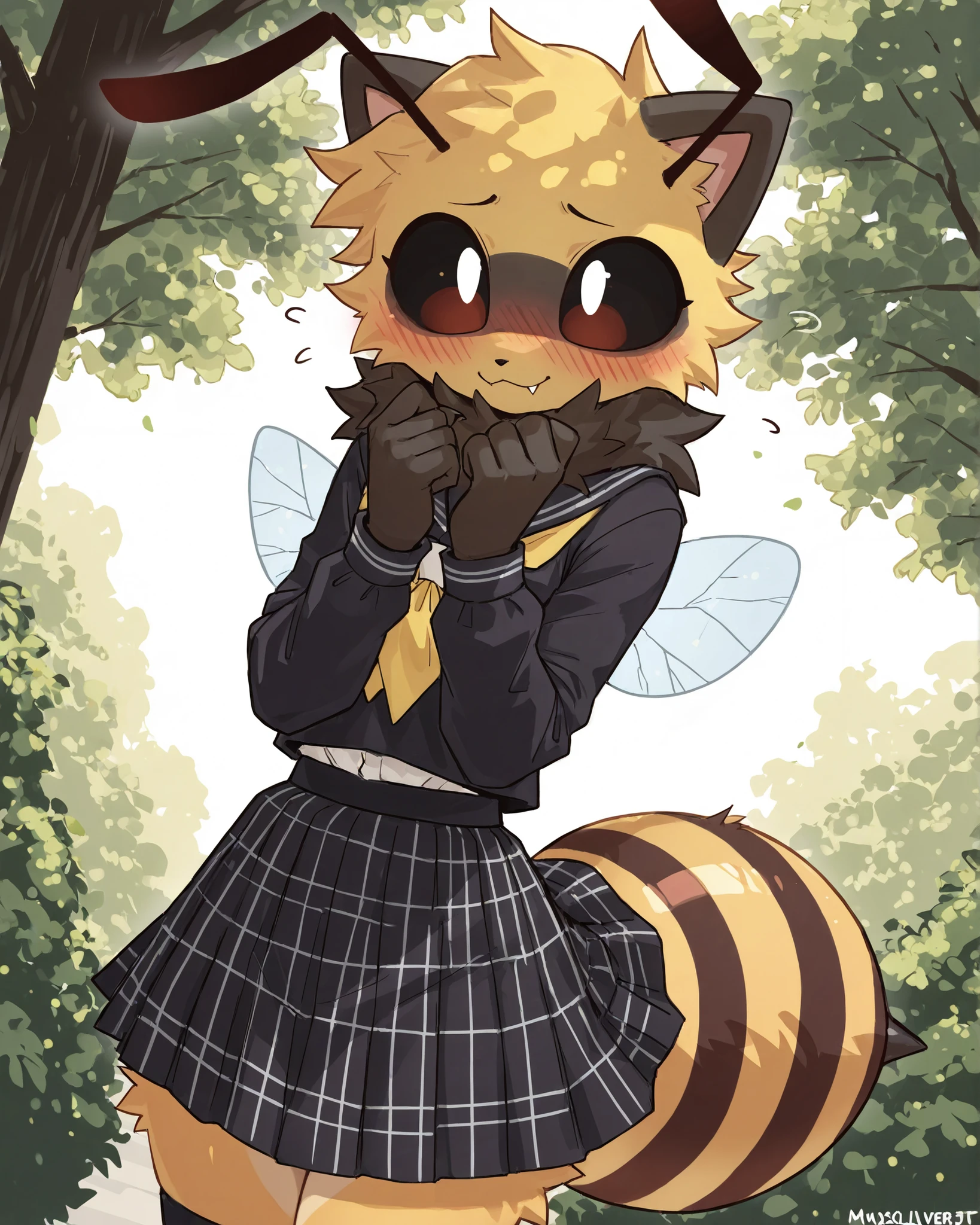 Bee, (masterpiece, best quality:1.2)), Anthro, high quality, highres, absurdres, multi tone body, ((small 1 femboy))), (bee pattern on body), (expressvie dynamic pose), poofy fur, musculer, fit, blushing, cute, sharp eyes, big eyes, eye shadow, happy, ultra clean image, dutch angle, intricate fur details, (dark schoolgirl uniform ), submissive, outside、 whole picture clearly、super detailed、masterpiece, Best Quality, High-resolution model、(8k, best quality, masterpiece:1.2), (best illustration、highly detailed CG illustration a face of perfect proportion:1.4, ((outside)), alluring, 20 years old adult, (expressvie femboy), (charming yet sultry), sunlight lighting, (depth of image)