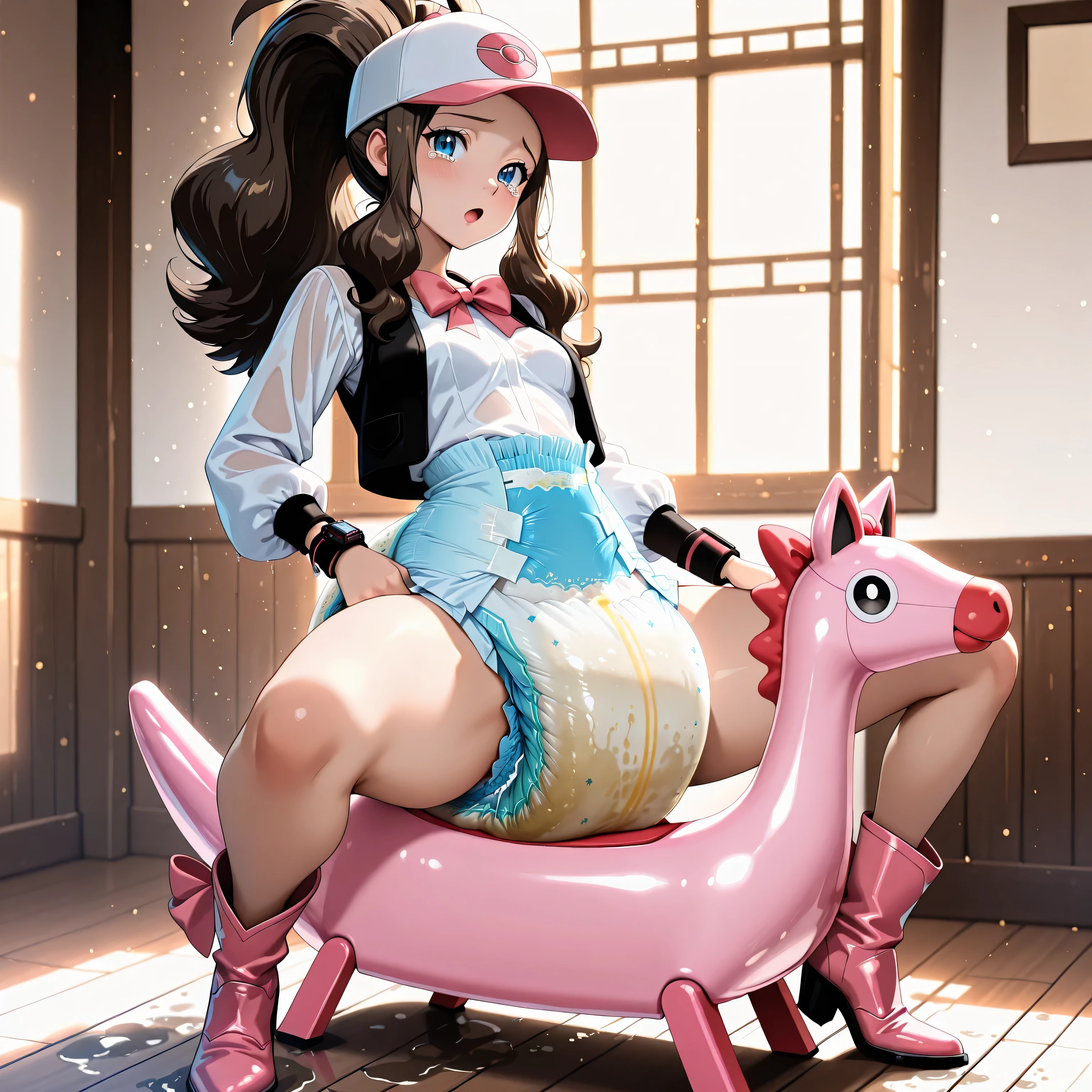 (side view;1.2), full body, in the room, solo, 1 girl, (4 fingers, (1 thumb)), (turning the body to the right), Puzzled expression, tears, open mouth, (looking at viewer), (chest lifted, arched back), (hands on the rocking toy horse), (straddling the rocking toy horse), (bowlegged pose:1.2, opening the hip joint, knees up:1.3), (wearing pink cowboy boots:1.1), (hilda, hilda (pokemon), blue eyes, brown hair, long hair, ponytail, mature female, small breasts, anime screencap, baseball cap, blue shorts, denim, hat, vest, wristband, black vest, white shirt, shirt, puffy long sleeves:1.1, bare legs), (curvy:1.3), (fat belly:1.1), (wearing high-waist thick diaper:1.3, wet diaper:1.2), urine filled diaper, (wetness indicator:1.2), (blue diaper), (gigantic hip:1.1), (huge butt:1.3), (a wooden window on the left side), (white wall), warm lighting filtering through the window, thiccdiaper, (side light, natural light, rim light, light particles:0.8, high contrast, deep shadows), (masterpiece, detailed:1.2, vibrant, very aesthetic, amazing quality),