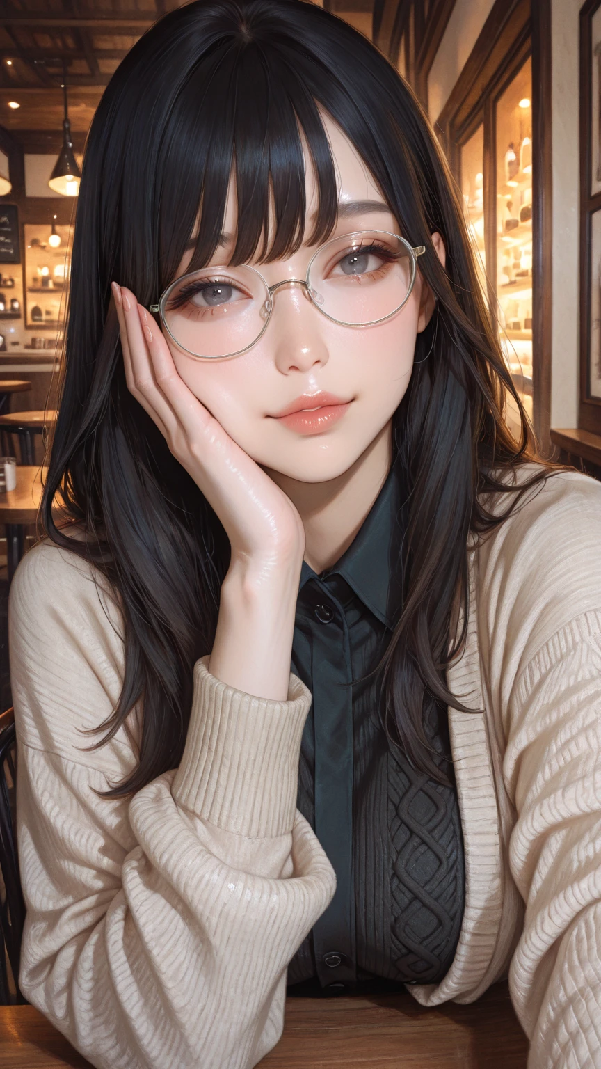masterpiece、Highest quality、cinema、(Cute Japanese Woman、bangs:1.3)、23 years old、1 Girl、elegant、Black Hair、warm、wake up、Glasses