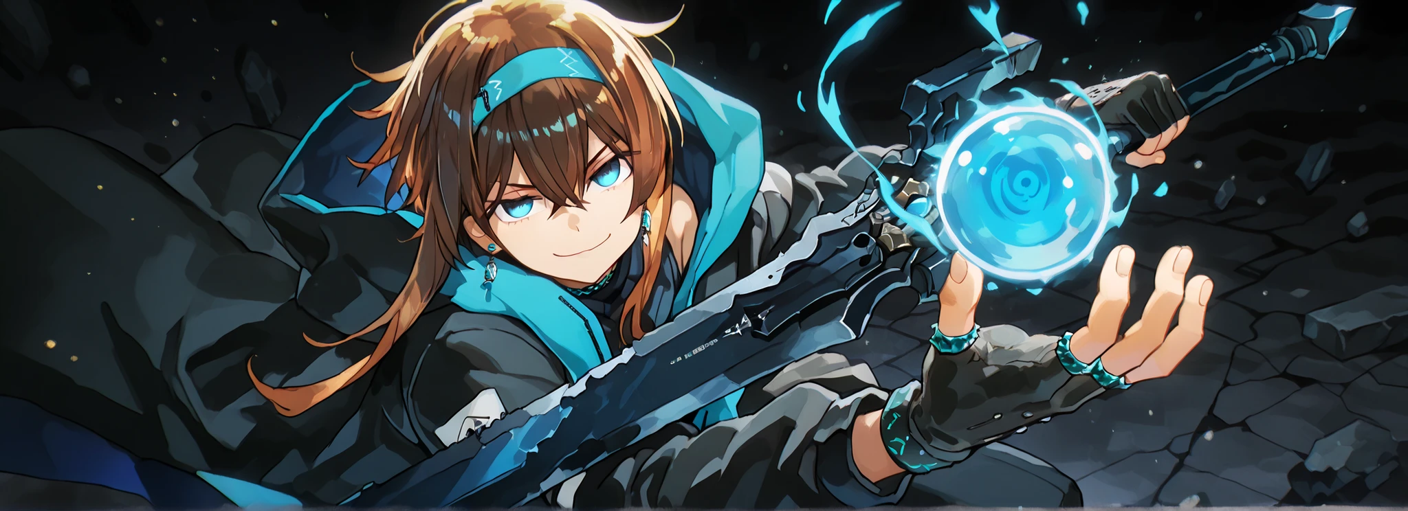 A short, solitary male character, a young teenager, about 5'7" tall, with a style and aura similar to Amiya from Arknights, but unmistakably masculine.

His facial features are exactly like Vanitas from Vanitas no Carte, but without his trademark smile or expression. Instead, the boy has striking blue eyes and wears a playful and smug expression that is his own, not Vanitas’s.

His hair is short and slightly brown, although his hairstyle is similar to Alice Zuberg’s in Sword Art Online, it has short, medium-length bangs. He also wears a blue headband, identical to Alice Zuberg’s. Short, brown hair with medium-length bangs.

Attire:

A black, sleeveless, high-necked military tracksuit with black military pants and black military boots.

A black, fingerless tech glove with blue rings on all fingers, exactly like Amiya’s accessories in Arknights.

Most importantly, he wears a black coat with blue accents, identical in every detail to Amiya’s coat in Arknights—the same fabric, cut, blue accents, length, hood design, zippers, and proportions. The coat is properly fitted, fitting his shoulders and torso—without falling or slipping.

Pose and Atmosphere:

He stands in a bold and confident attacking stance, looking directly at the viewer with a playful and smug expression.

In his right hand, he firmly grips a gigantic black greatsword, a massive weapon made of black stone, with visible cracks glowing faintly with energy.

In his left hand, he holds a blue energy ball with glowing red spots, radiating power.

Atmosphere and Style:

Black background with dramatic, cinematic lighting that highlights his short stature, masculine gender, and youthful energy.

Hyper-detailed, crisp, and clean anime style, with vivid lighting effects and a dynamic atmosphere. The character wears earrings with blue jewels. The character is a boy. The character is a boy. The character is a boy. The character is a boy. The character is a boy. The character is a boy. The character is a boy.