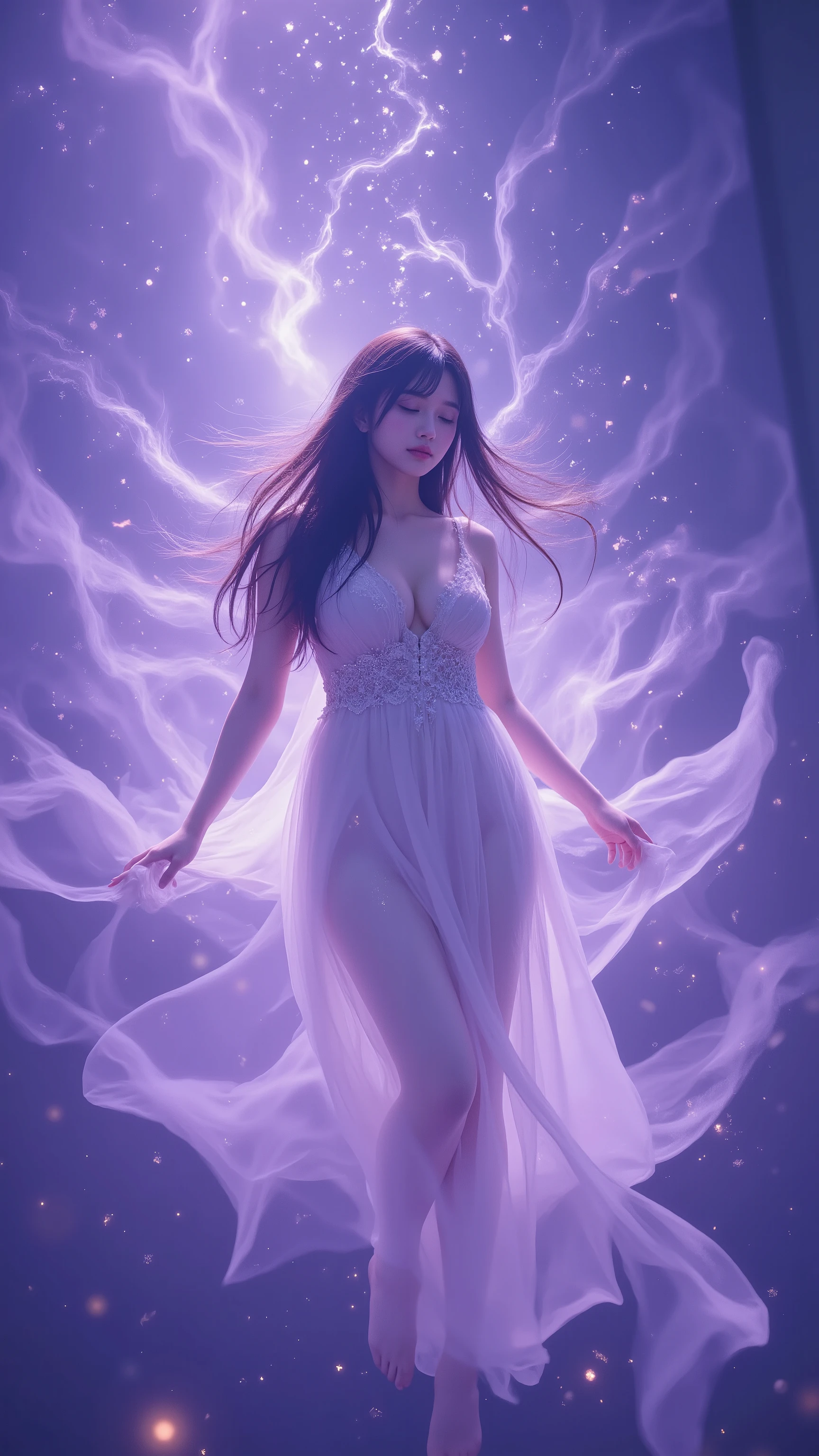 The moment you wake up to your sixth sense, Mysterious Girl, closed eyes, floating grains of light, Long Swaying Hair, fantastic space, Purplish Light, mystical atmosphere