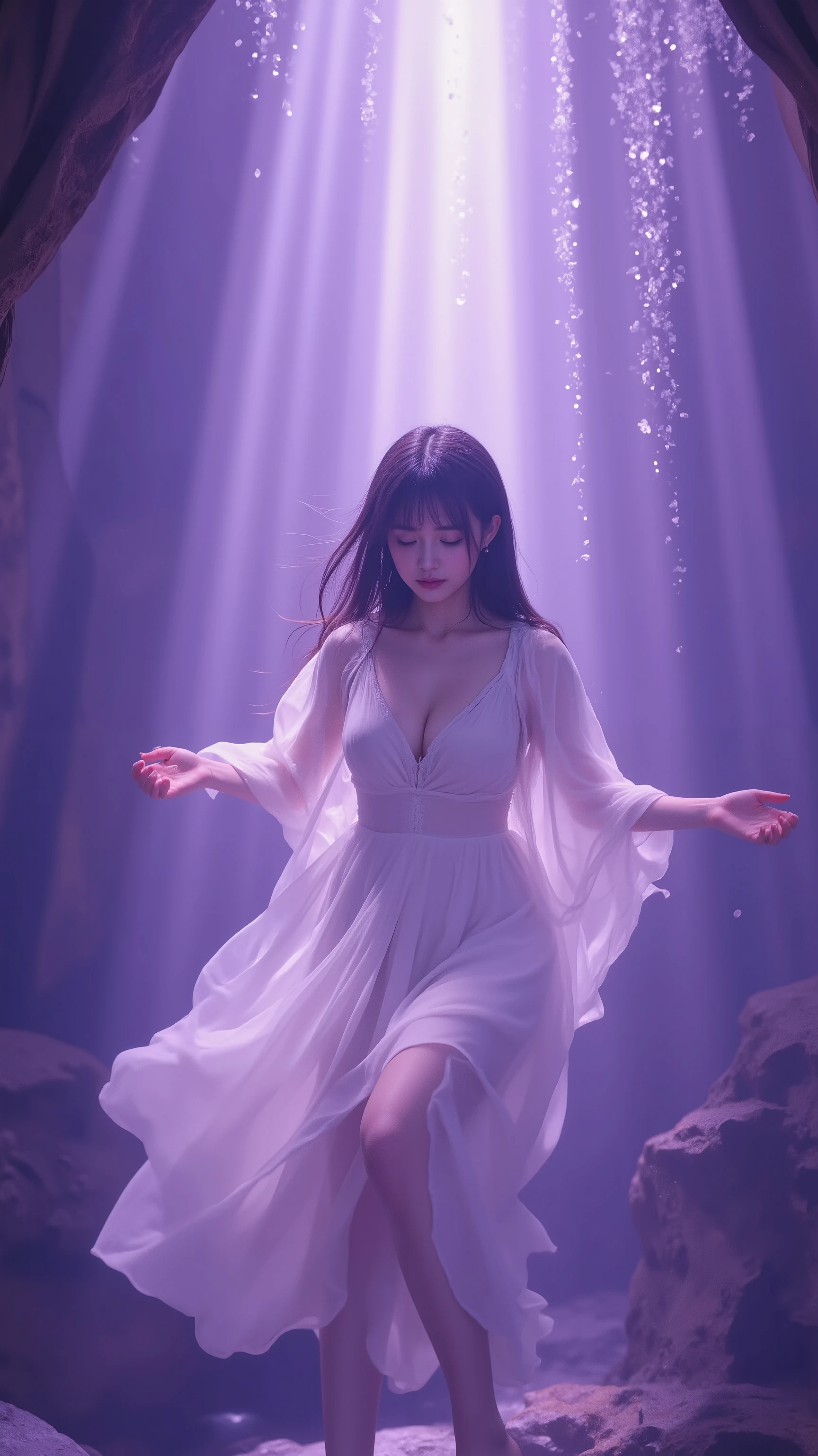 The moment you wake up to your sixth sense, Mysterious Girl, closed eyes, floating grains of light, Long Swaying Hair, fantastic space, Purplish Light, mystical atmosphere